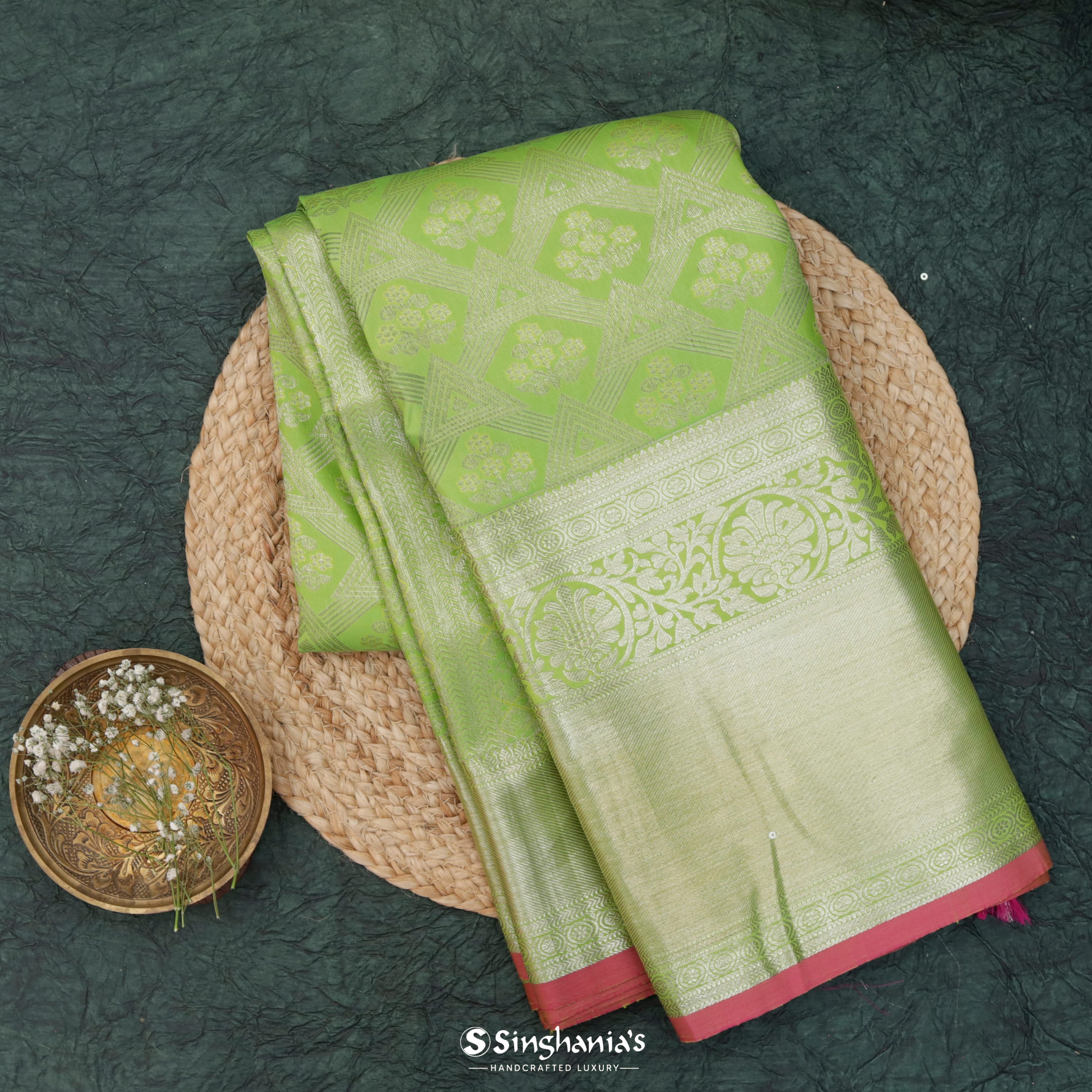 Grass Green Maheshwari Kanjivaram Handloom Saree With Floral Jaal Design