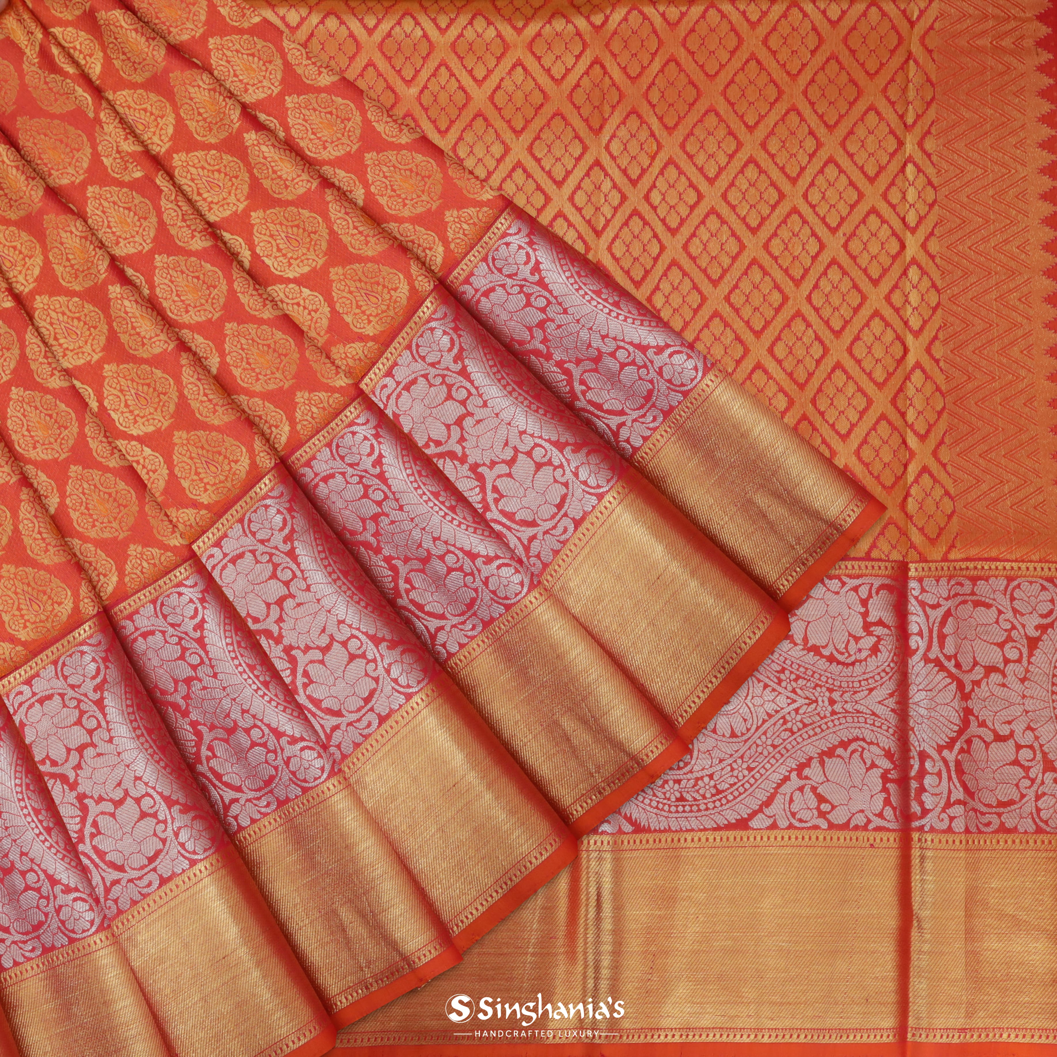 Apricot Orange Maheshwari Korvai Kanjivaram Handloom Saree With Floral Buttas