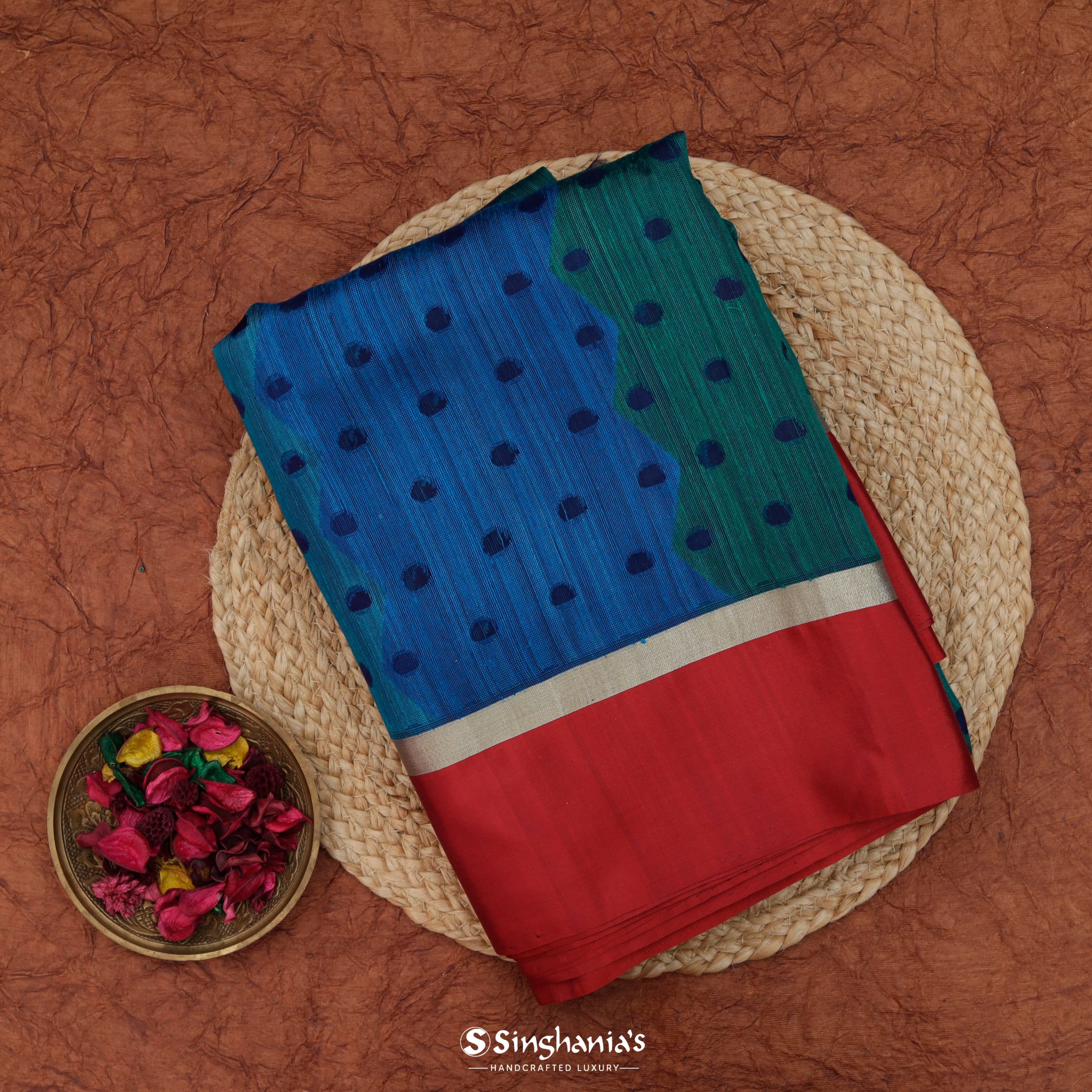 Dual Green Blue Matka Embroidery Saree With Geometrical Pattern