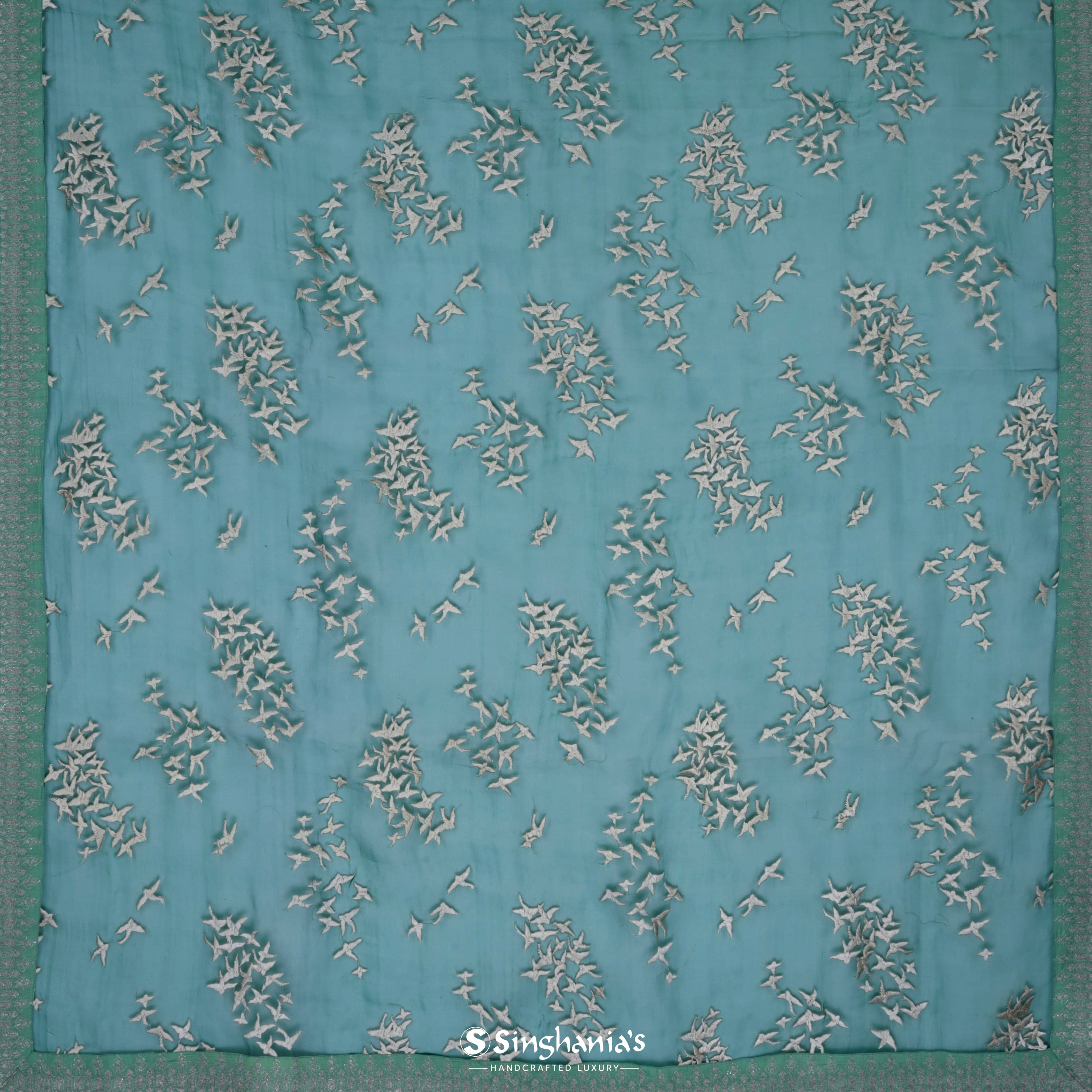 Deep Jungle Green Organza Embroidery Saree With Bird Motifs