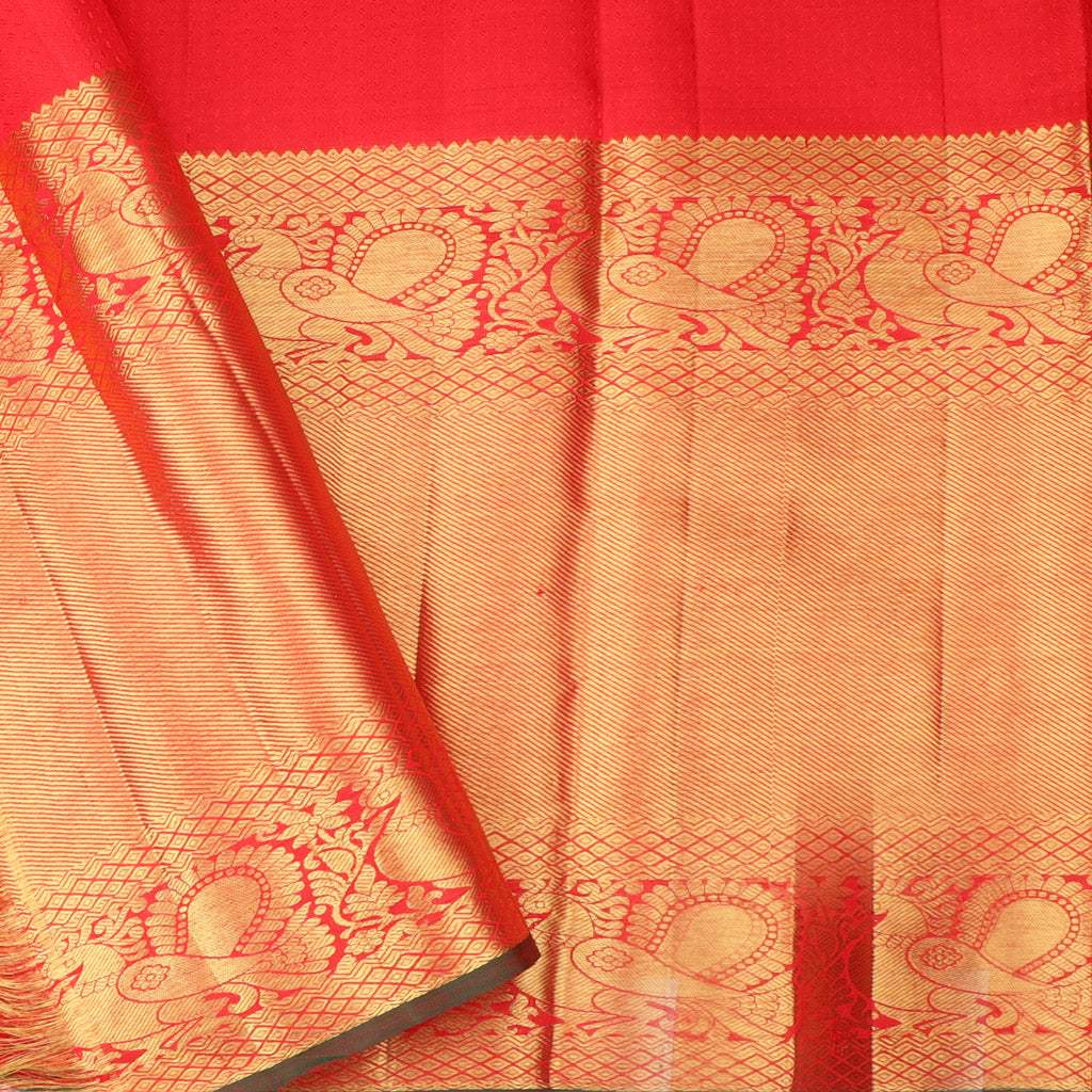 Red Kanjivaram Silk Saree With Floral And Mayil Buttis - Singhania's