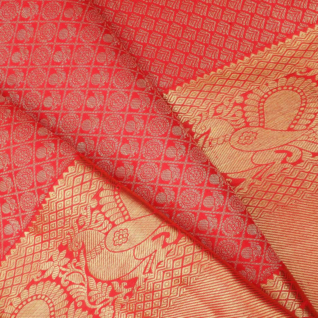 Red Kanjivaram Silk Saree With Floral And Mayil Buttis - Singhania's