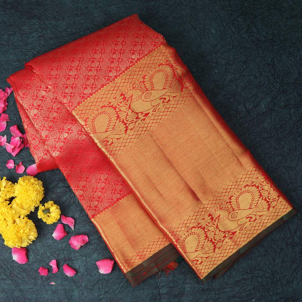 Red Kanjivaram Silk Saree With Floral And Mayil Buttis - Singhania's