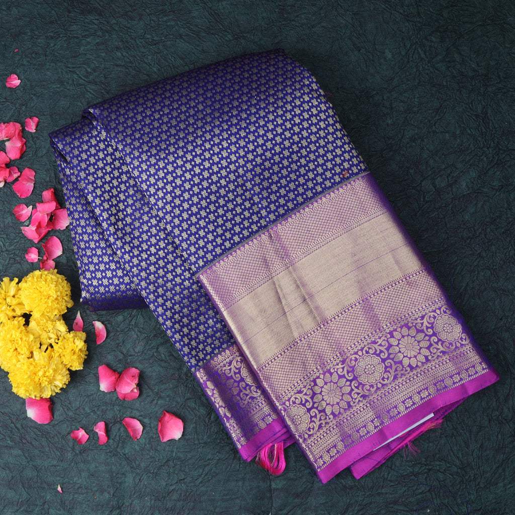 Dark Violet Kanjivaram Silk Saree With Tiny Patterns - Singhania's