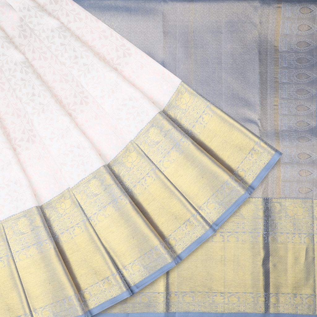 Cloud White Kanjivaram Silk Saree With Floral Motifs Pattern - Singhania's