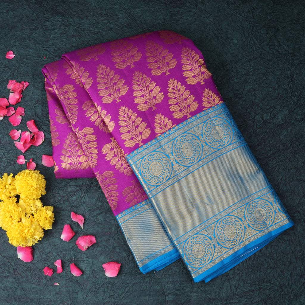 Phlox Purple Kanjivaram Silk Saree With Tree Motifs - Singhania's