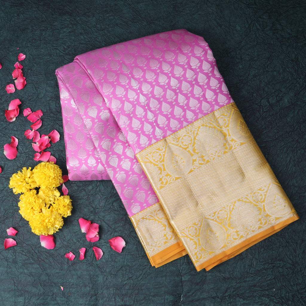 Pastel Pink Kanjivaram Silk Saree With Leaf Buttis - Singhania's