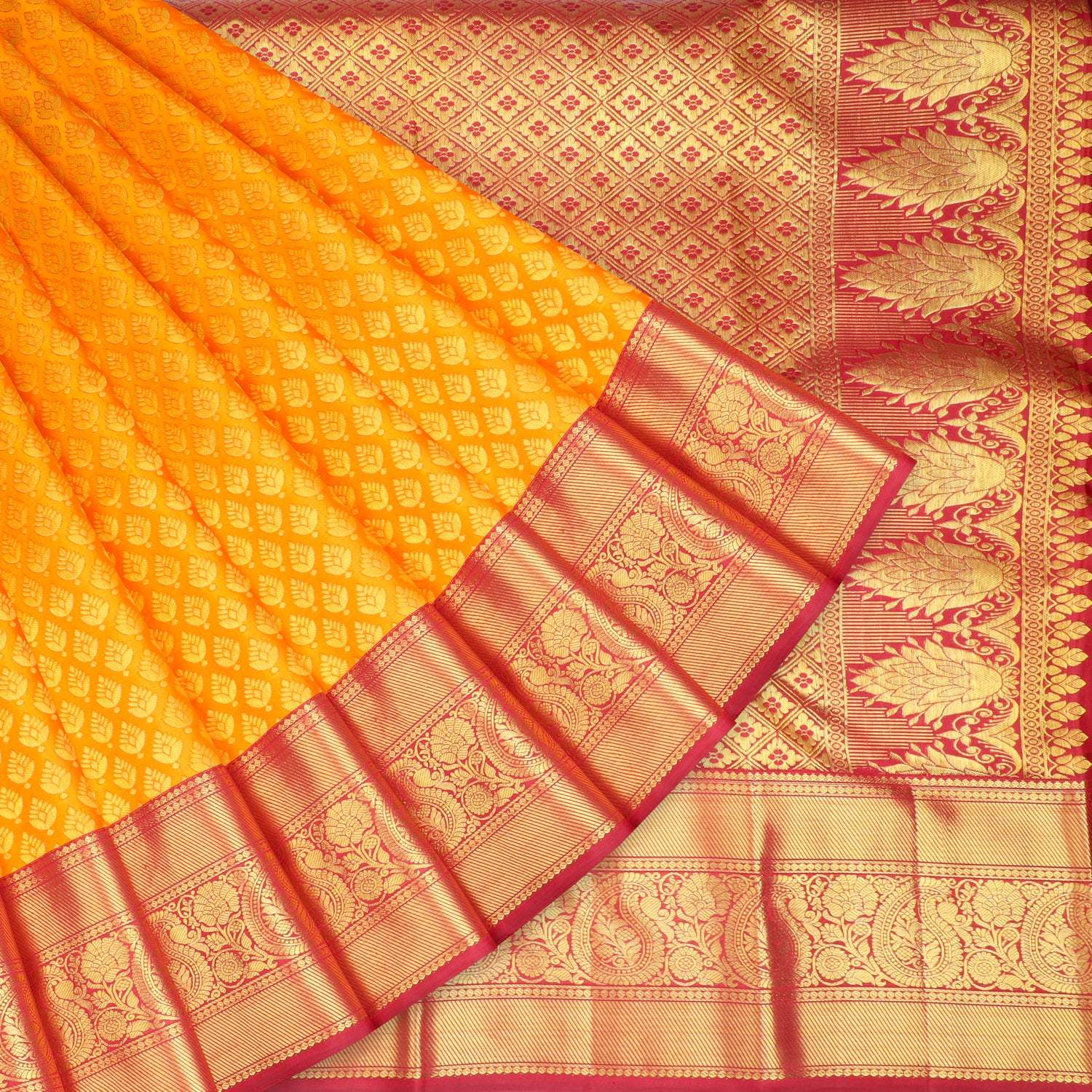 Vibrant Orange Kanjivaram Silk Saree With Floral Buttis - Singhania's