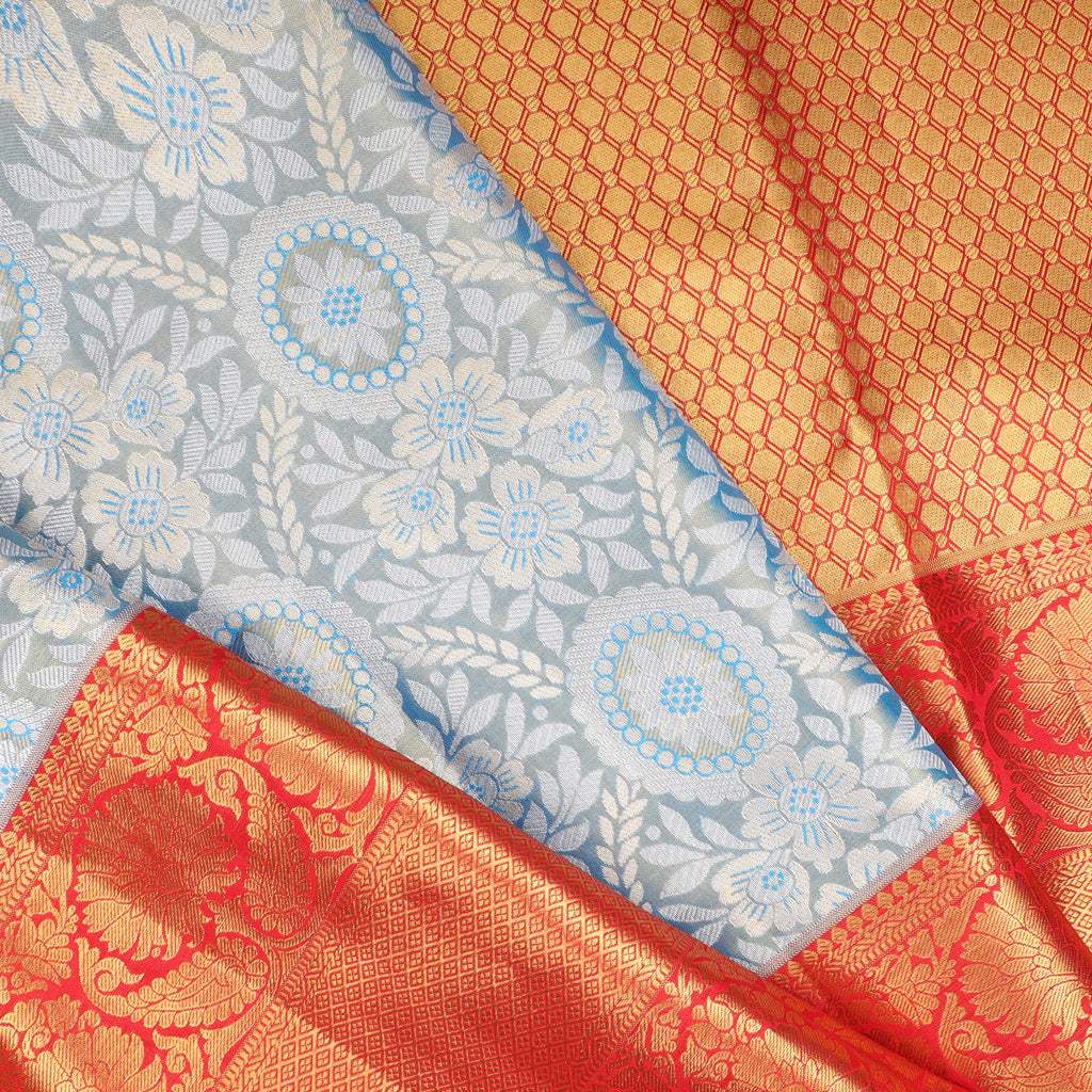 Powder Blue Tissue Kanjivaram Silk Saree With Floral Jaal Pattern - Singhania's