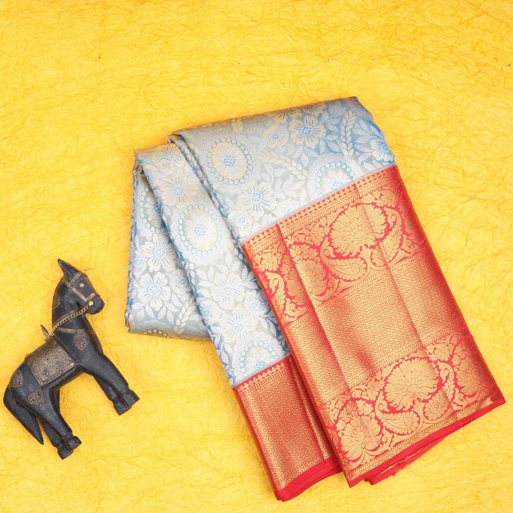 Powder Blue Tissue Kanjivaram Silk Saree With Floral Jaal Pattern - Singhania's