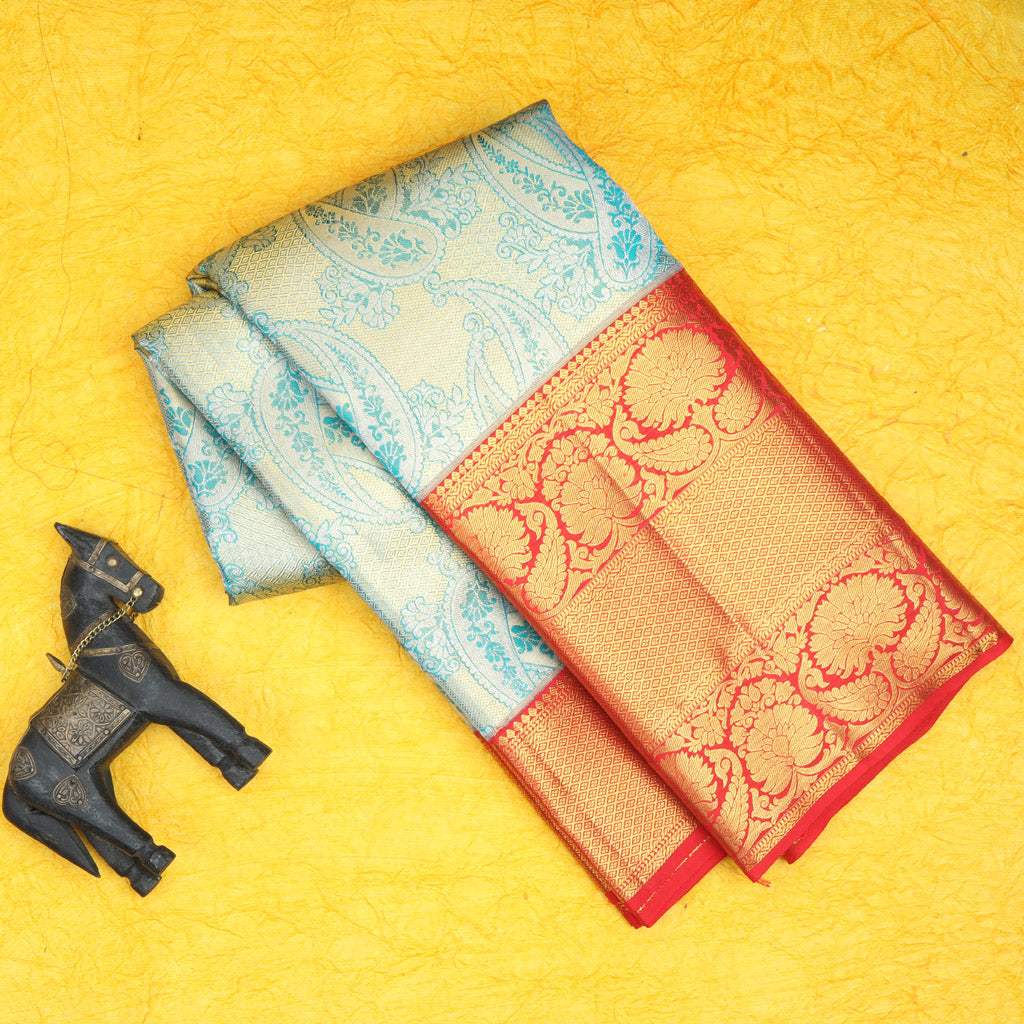 Powder Blue Tissue Kanjivaram Silk Saree With Paisley Motif Pattern - Singhania's