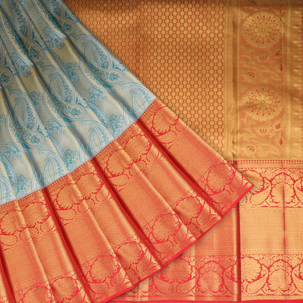 Powder Blue Tissue Kanjivaram Silk Saree With Paisley Motif Pattern - Singhania's