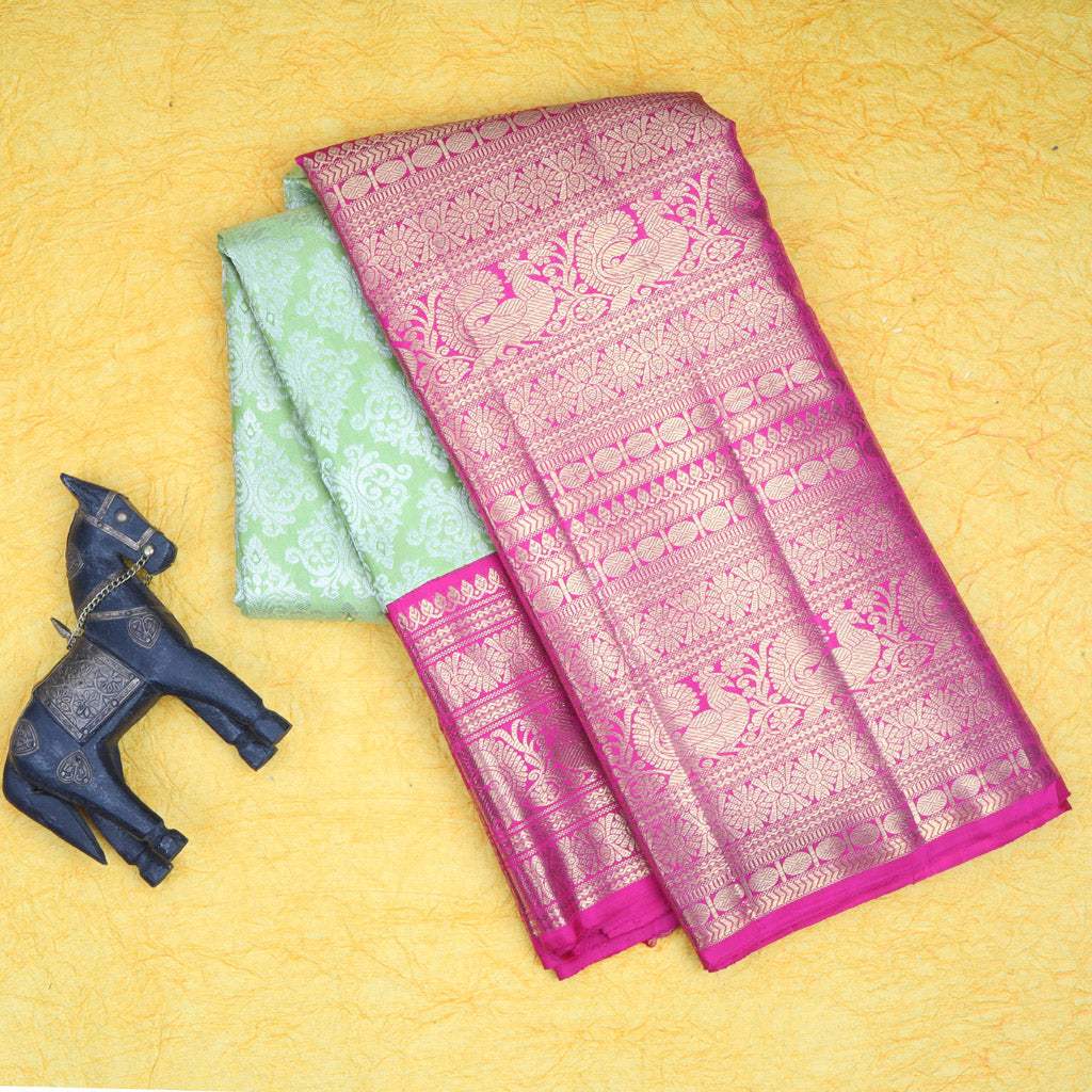 Pastel Green Kanjivaram Silk Saree With Floral Motif Pattern - Singhania's