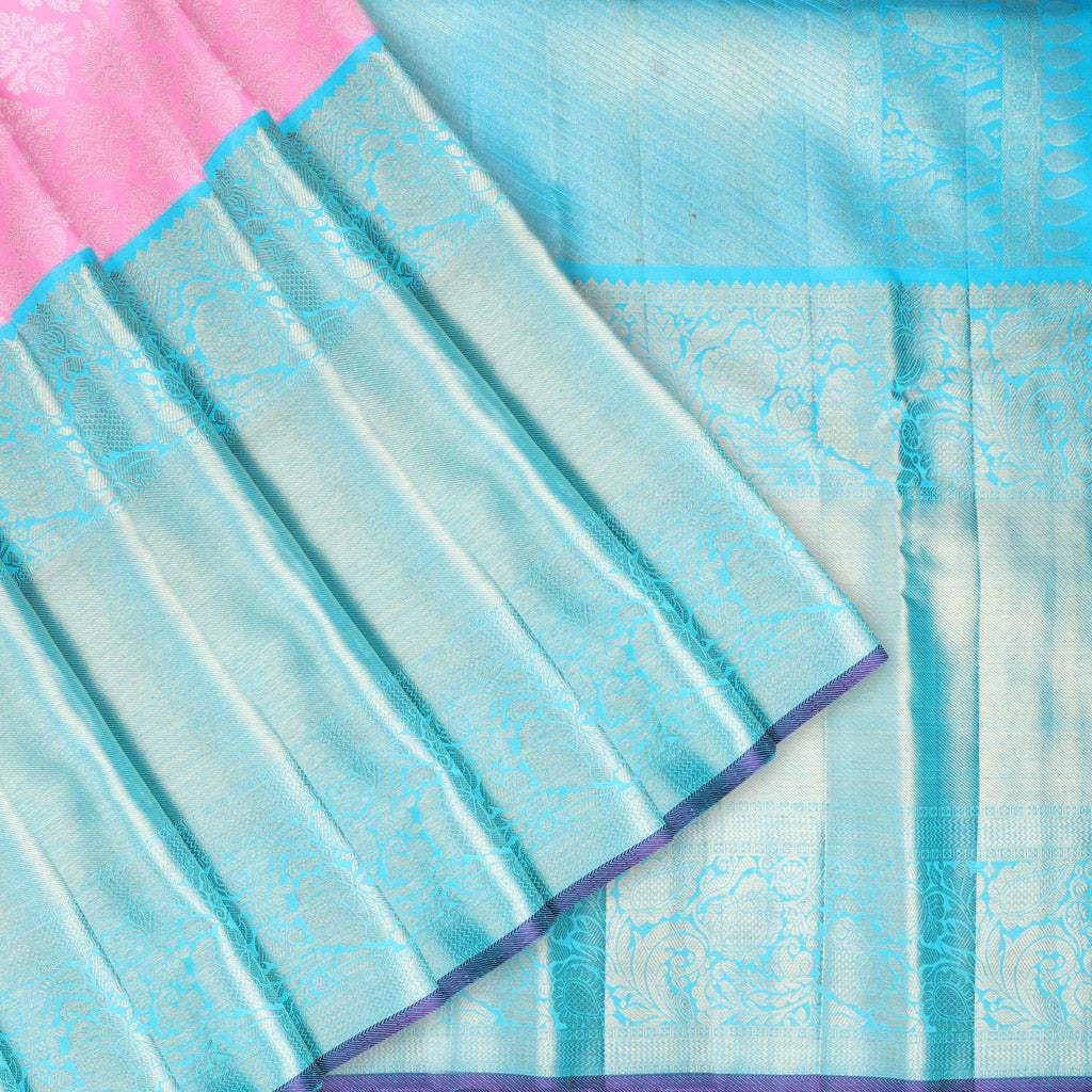 Bubblegum Pink Kanjivaram Silk Saree With Floral Pattern - Singhania's