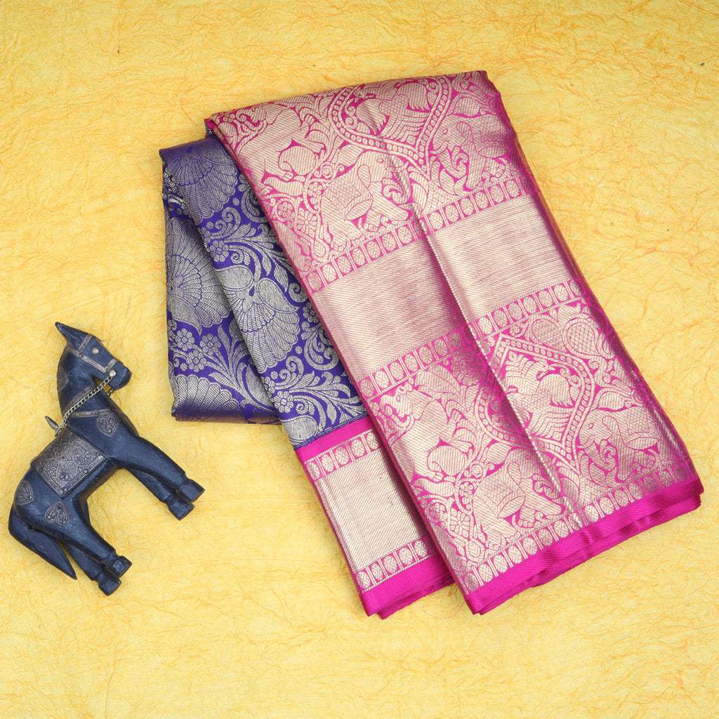 Violet Kanjivaram Silk Saree With Floral Motif Pattern - Singhania's