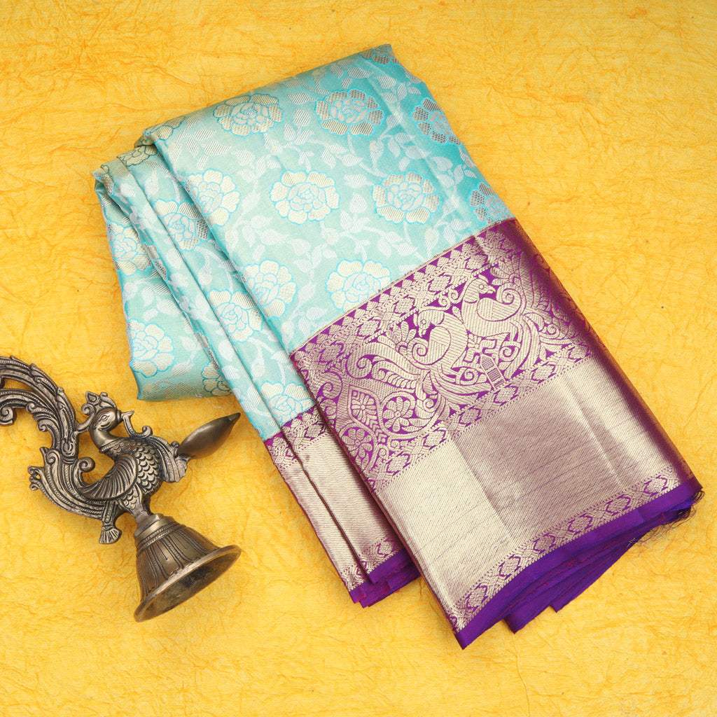 Sky Blue Kanjivaram Silk Saree With Jaal Design - Singhania's