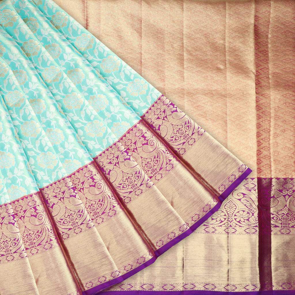 Sky Blue Kanjivaram Silk Saree With Jaal Design - Singhania's