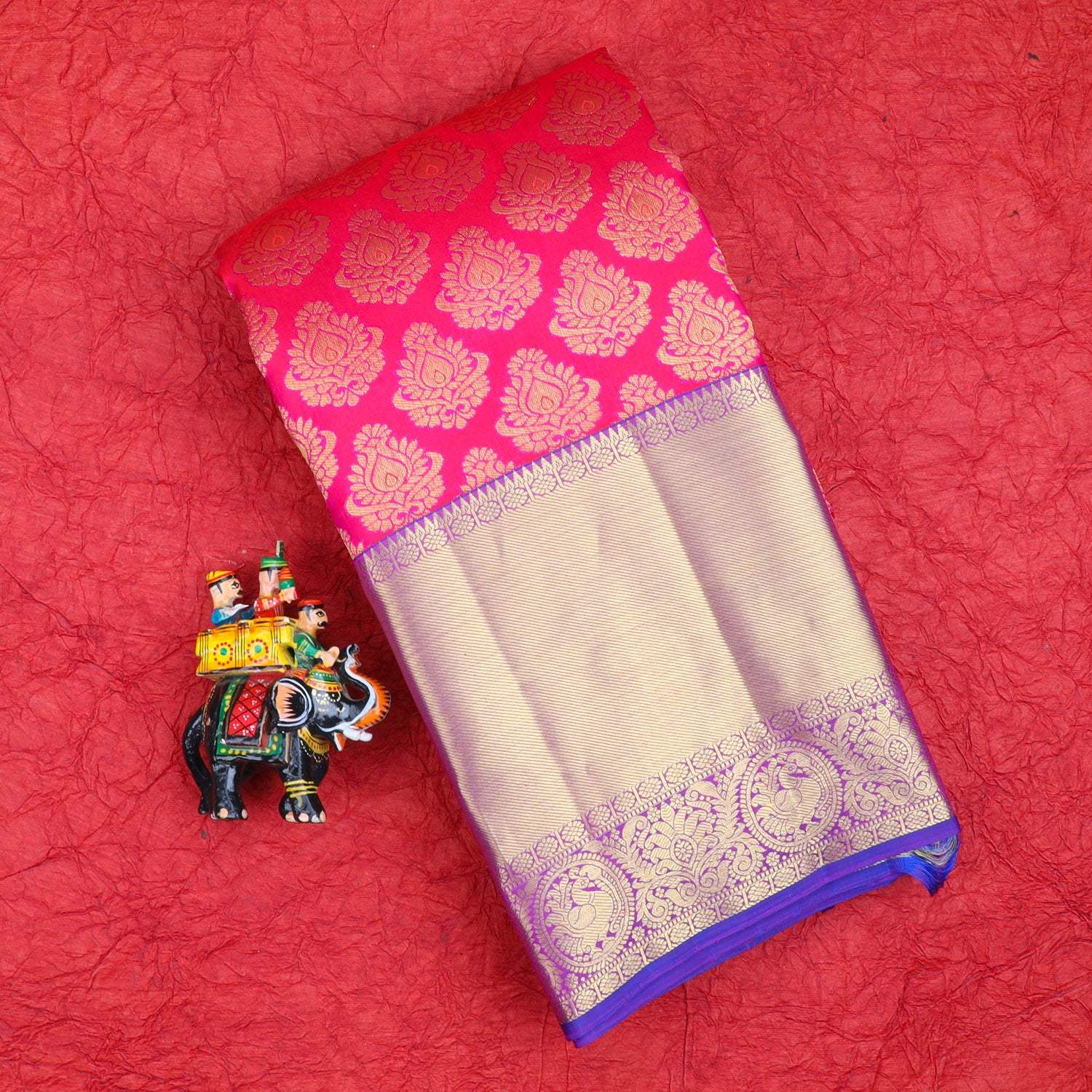 Bright Pink Kanjivaram Silk Saree With Floral Buttas - Singhania's