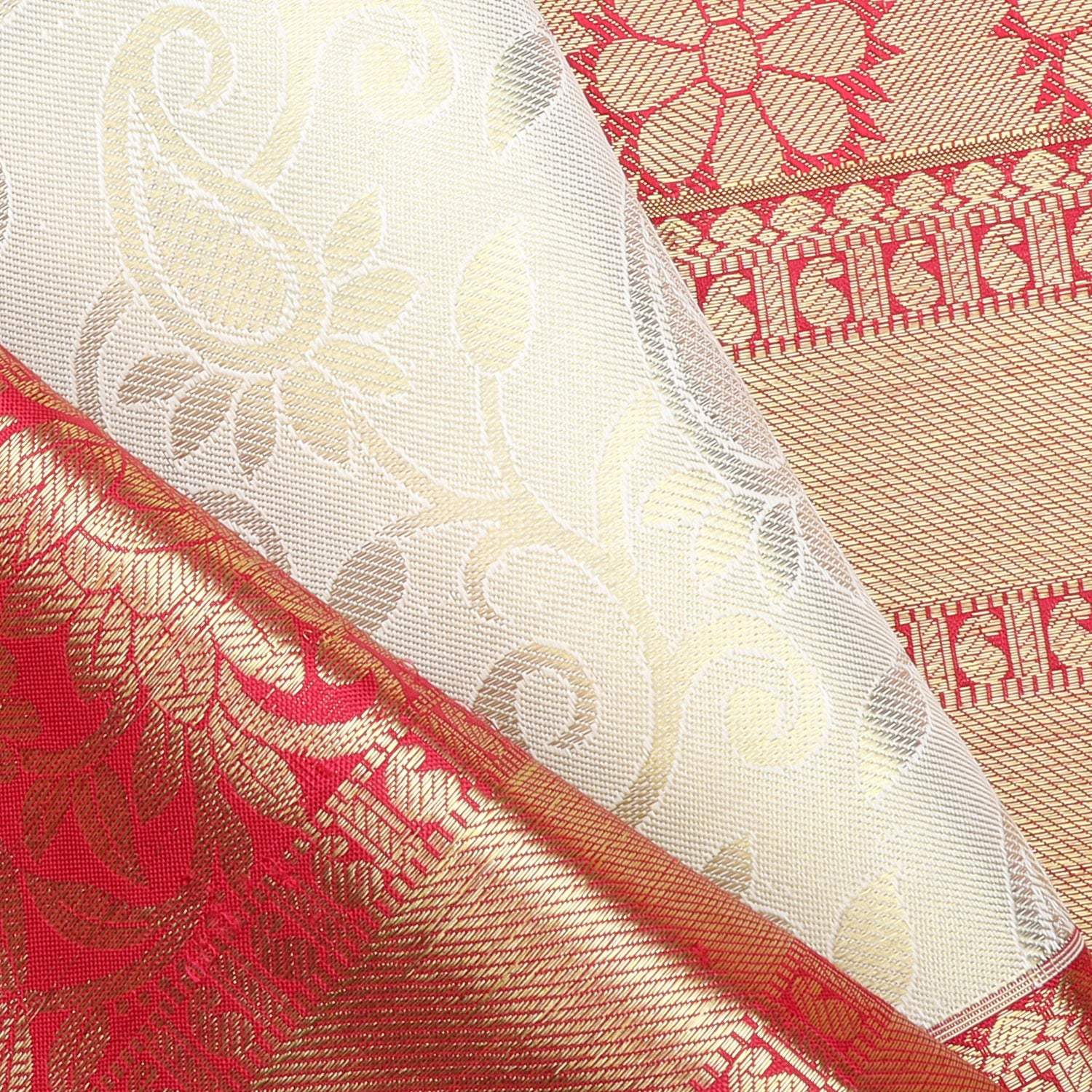 White Kanjivaram Silk Saree With Floral Jaal Pattern - Singhania's