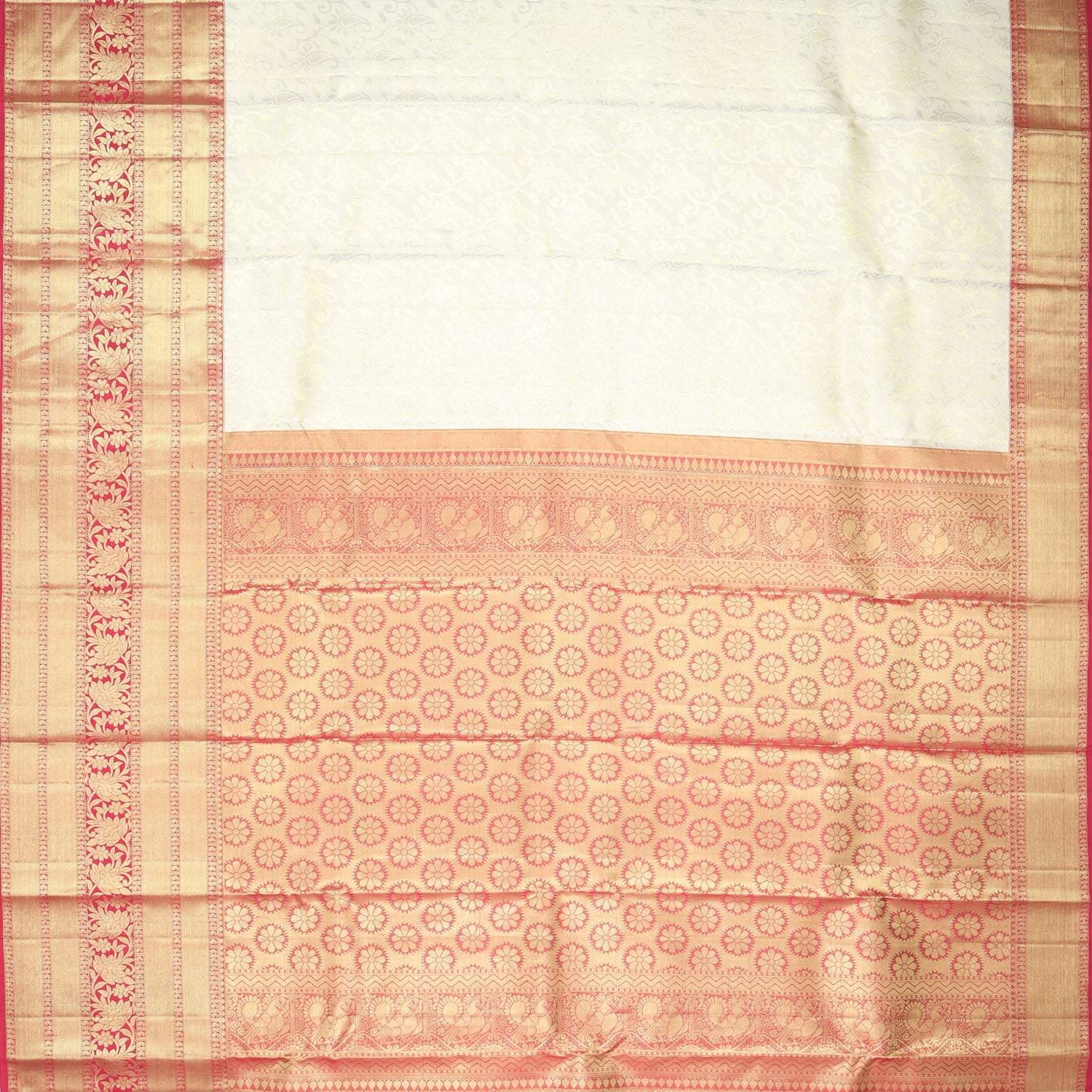 White Kanjivaram Silk Saree With Floral Jaal Pattern - Singhania's