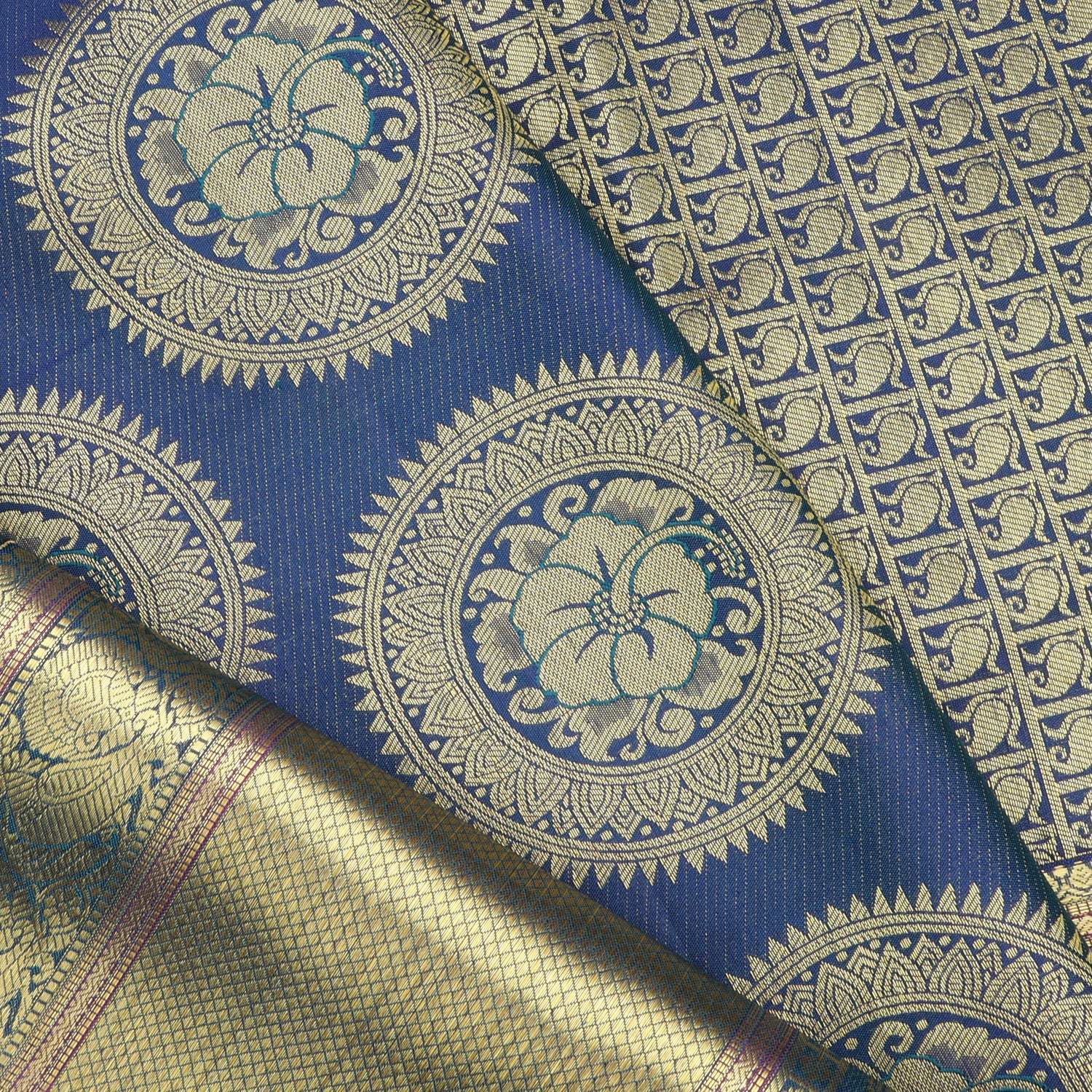 Sapphire Blue Kanjivaram Silk Saree With Floral Chakra Motifs - Singhania's