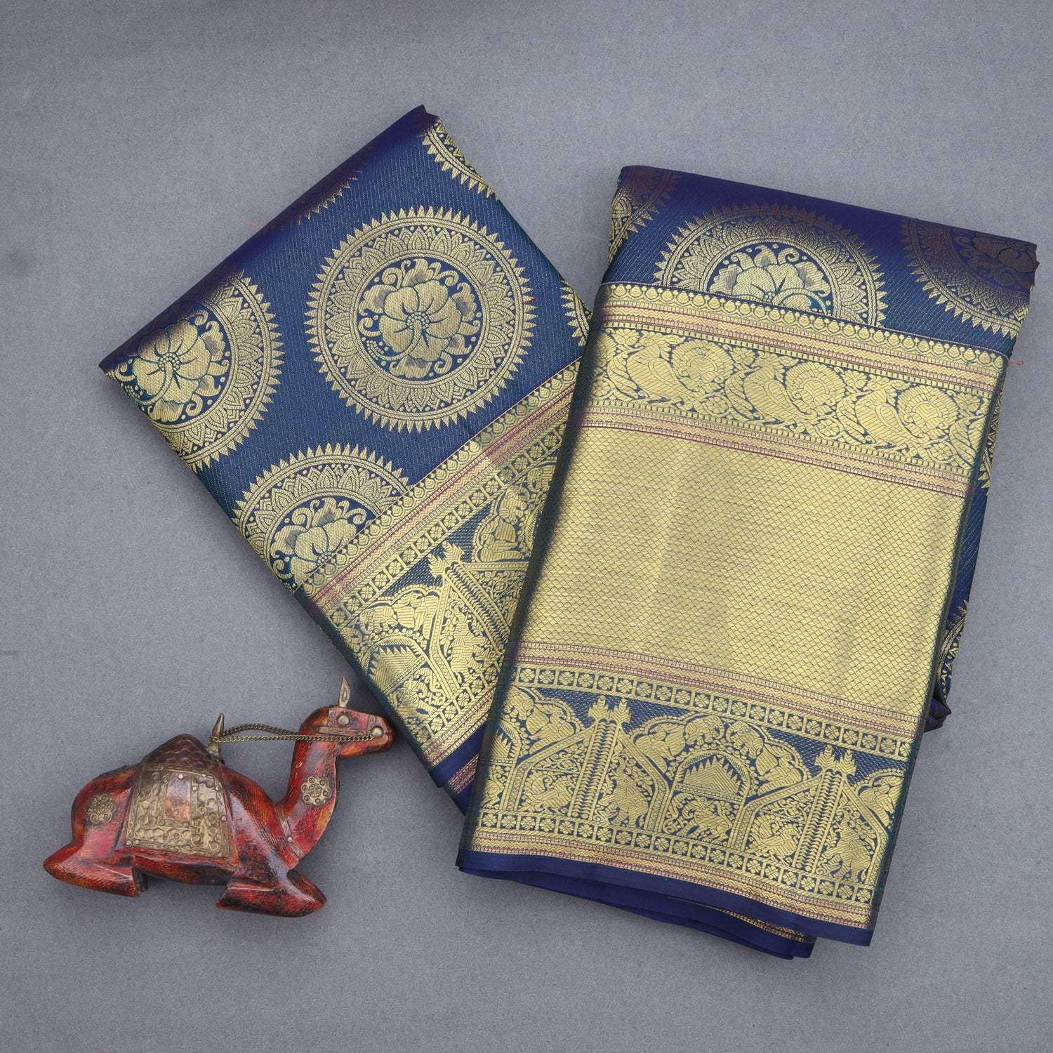 Sapphire Blue Kanjivaram Silk Saree With Floral Chakra Motifs - Singhania's