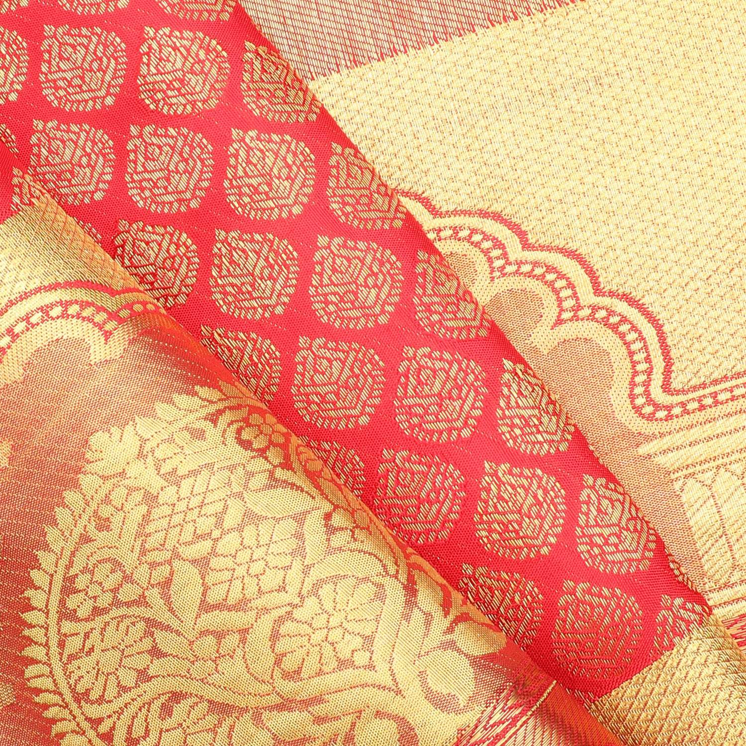 Red Kanjivaram Silk Saree With Floral Buttis - Singhania's