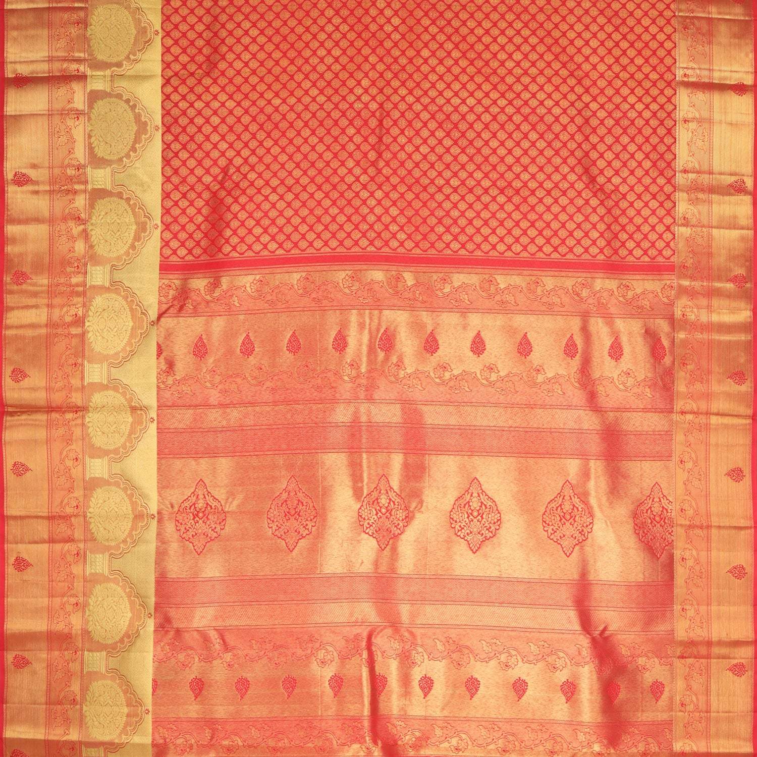 Red Kanjivaram Silk Saree With Floral Buttis - Singhania's