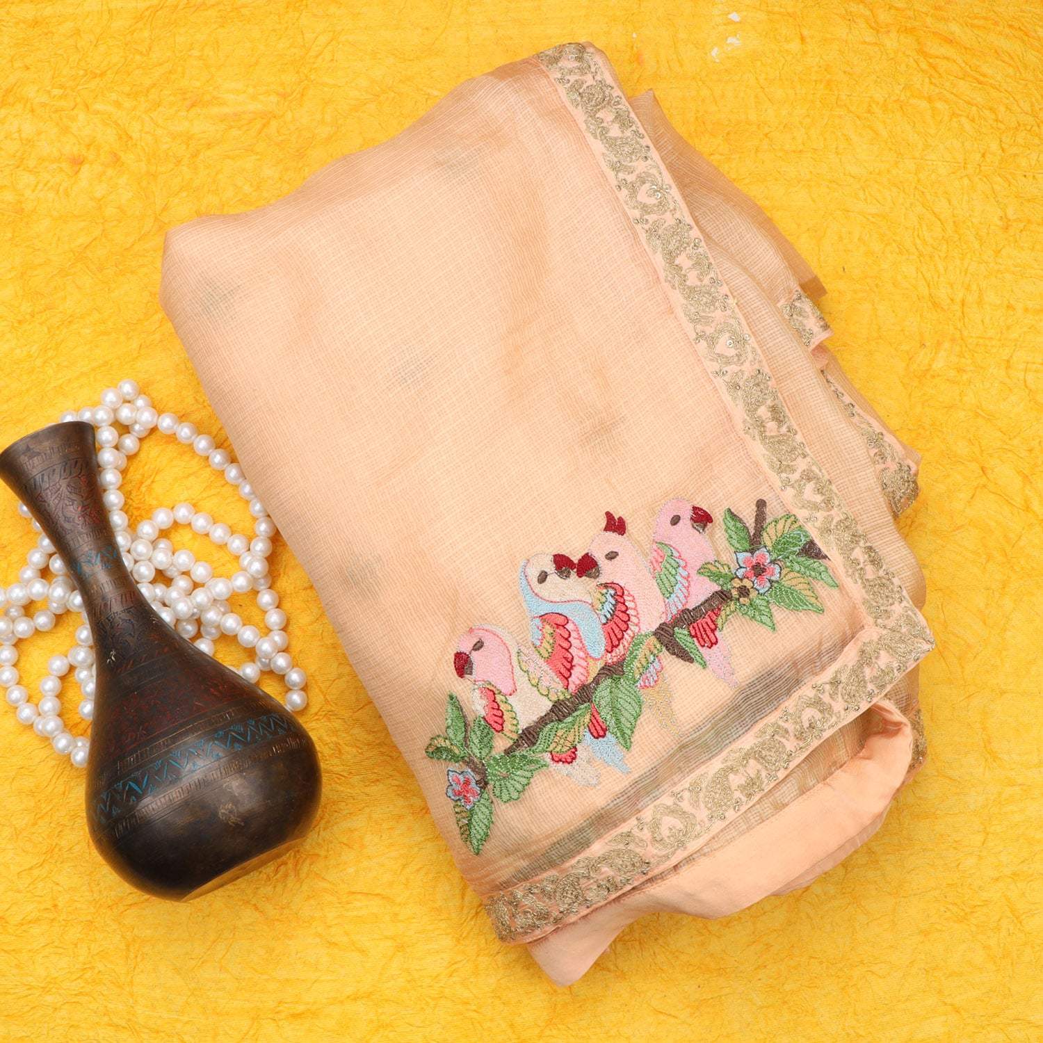 Pastel Peach Silk Kota Saree With Embroidery - Singhania's