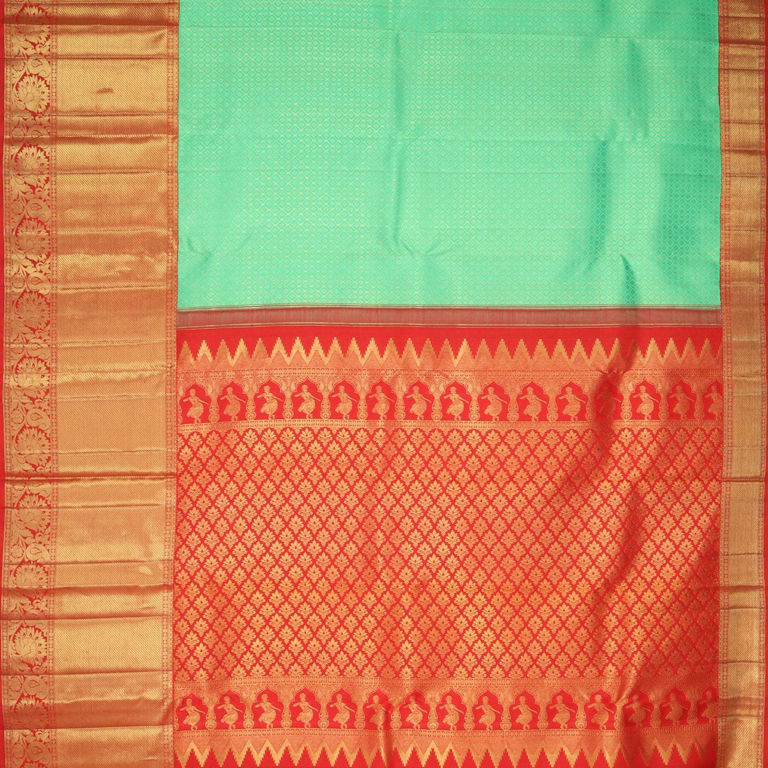 Seafoam Green Kanjivaram Silk Saree With Floral Buttis - Singhania's