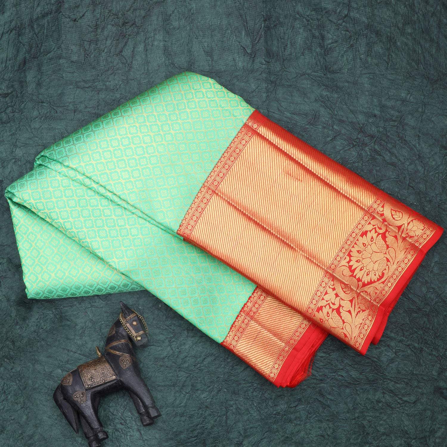 Seafoam Green Kanjivaram Silk Saree With Floral Buttis - Singhania's