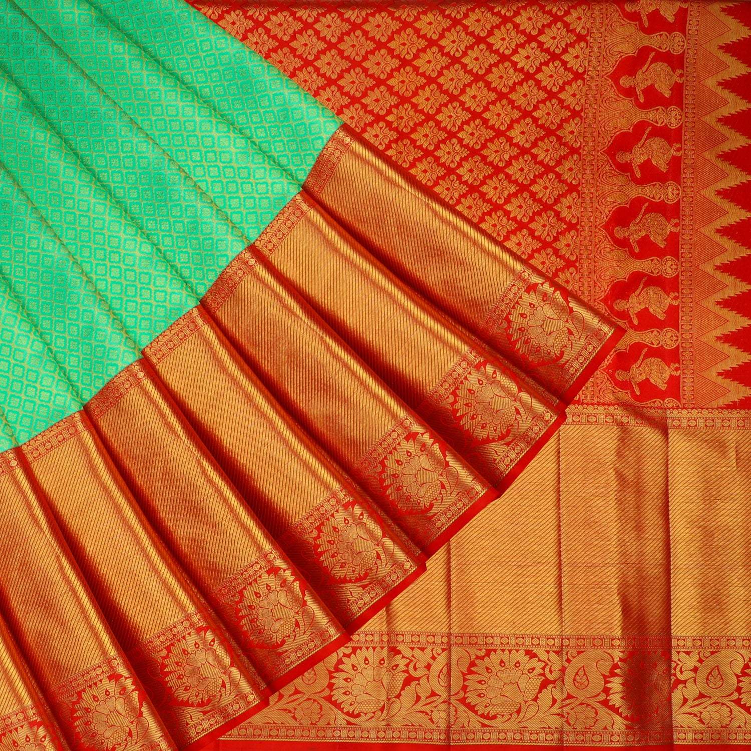 Seafoam Green Kanjivaram Silk Saree With Floral Buttis - Singhania's