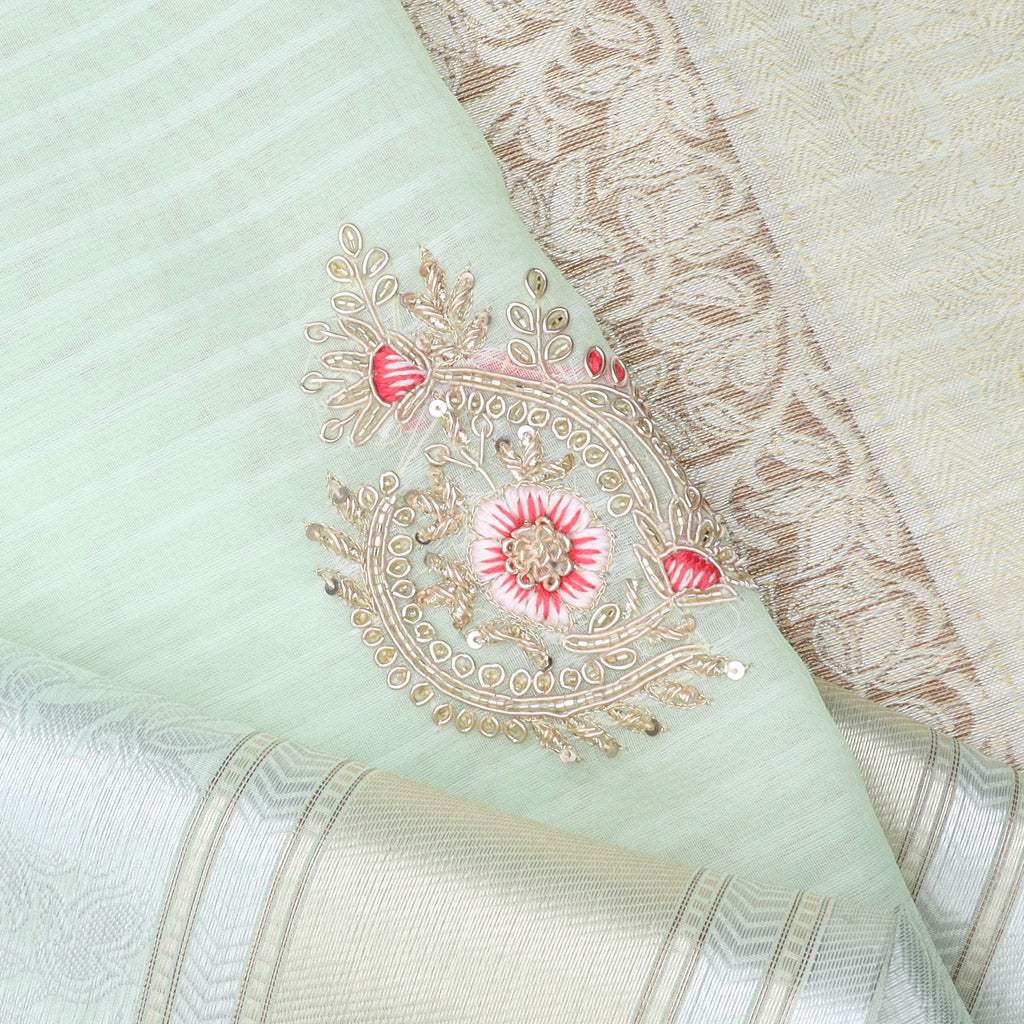 Pastel Green Organza Saree With Embroidery - Singhania's