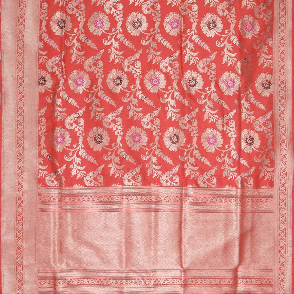 Red Banarasi Silk Handloom Saree With Floral Motif Pattern - Singhania's