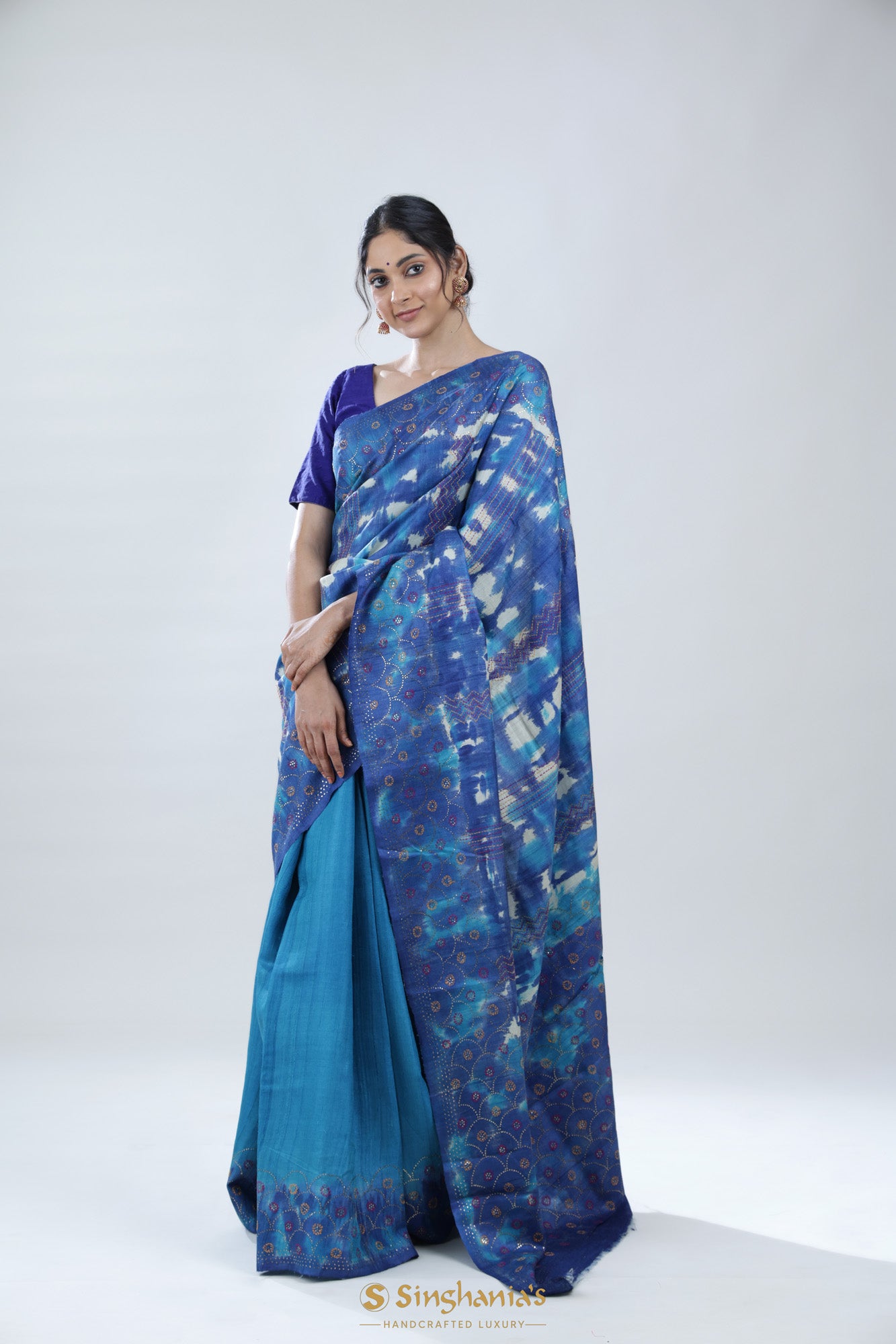 Blue Multicolour Tussar Printed Saree