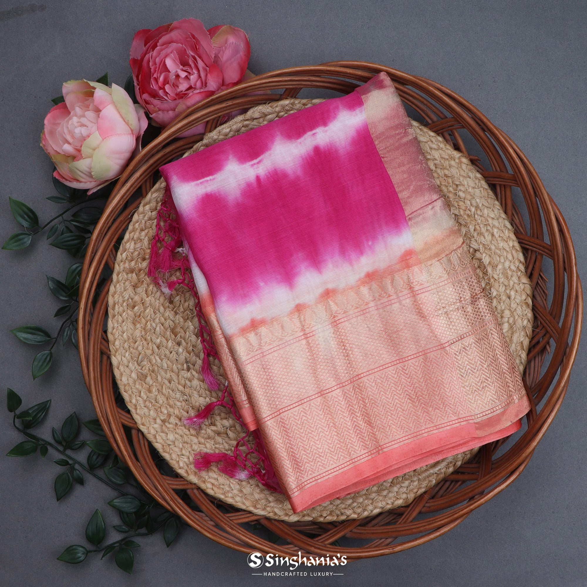 Flamingo Pink Maheshwari Silk Saree With Printed Design