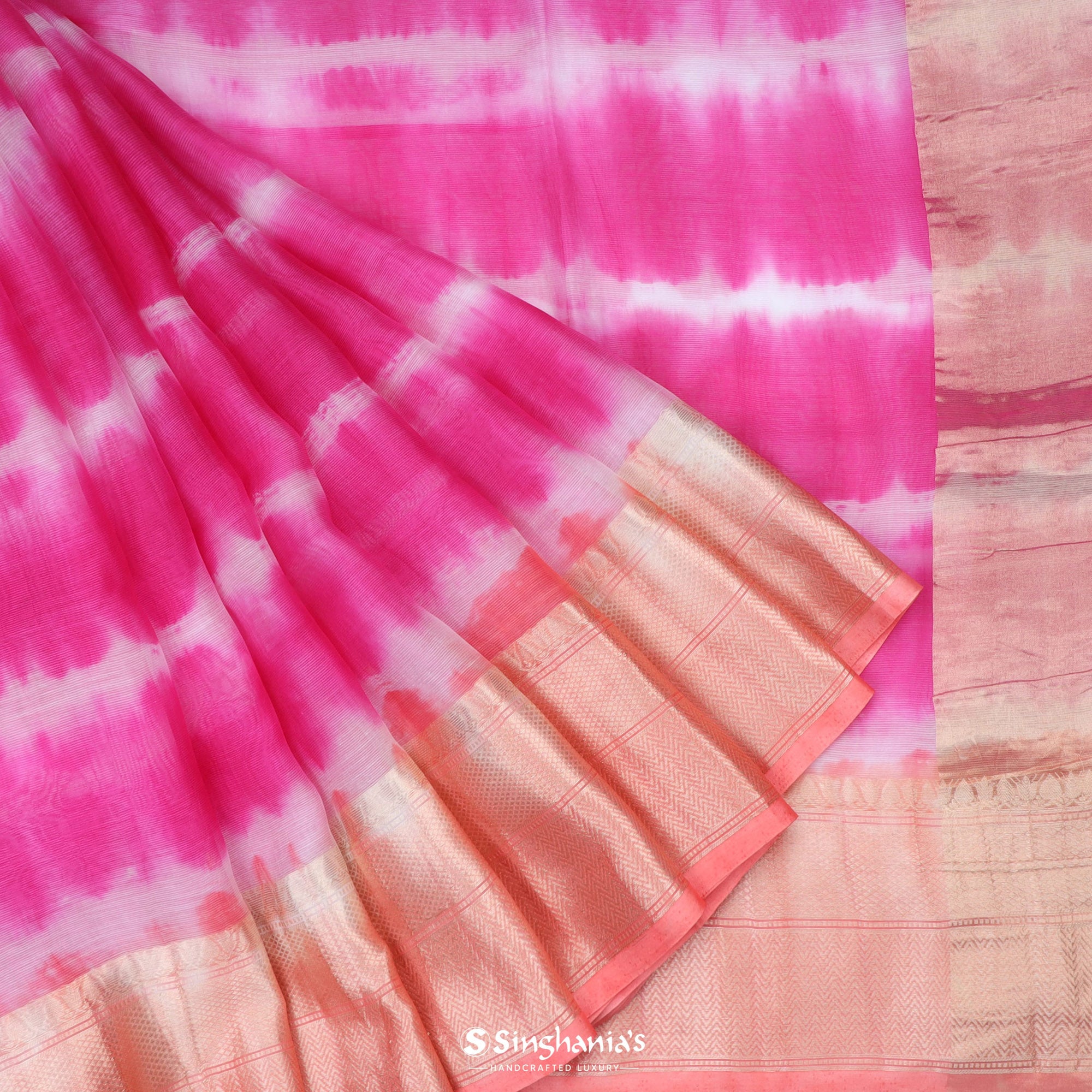 Flamingo Pink Maheshwari Silk Saree With Printed Design