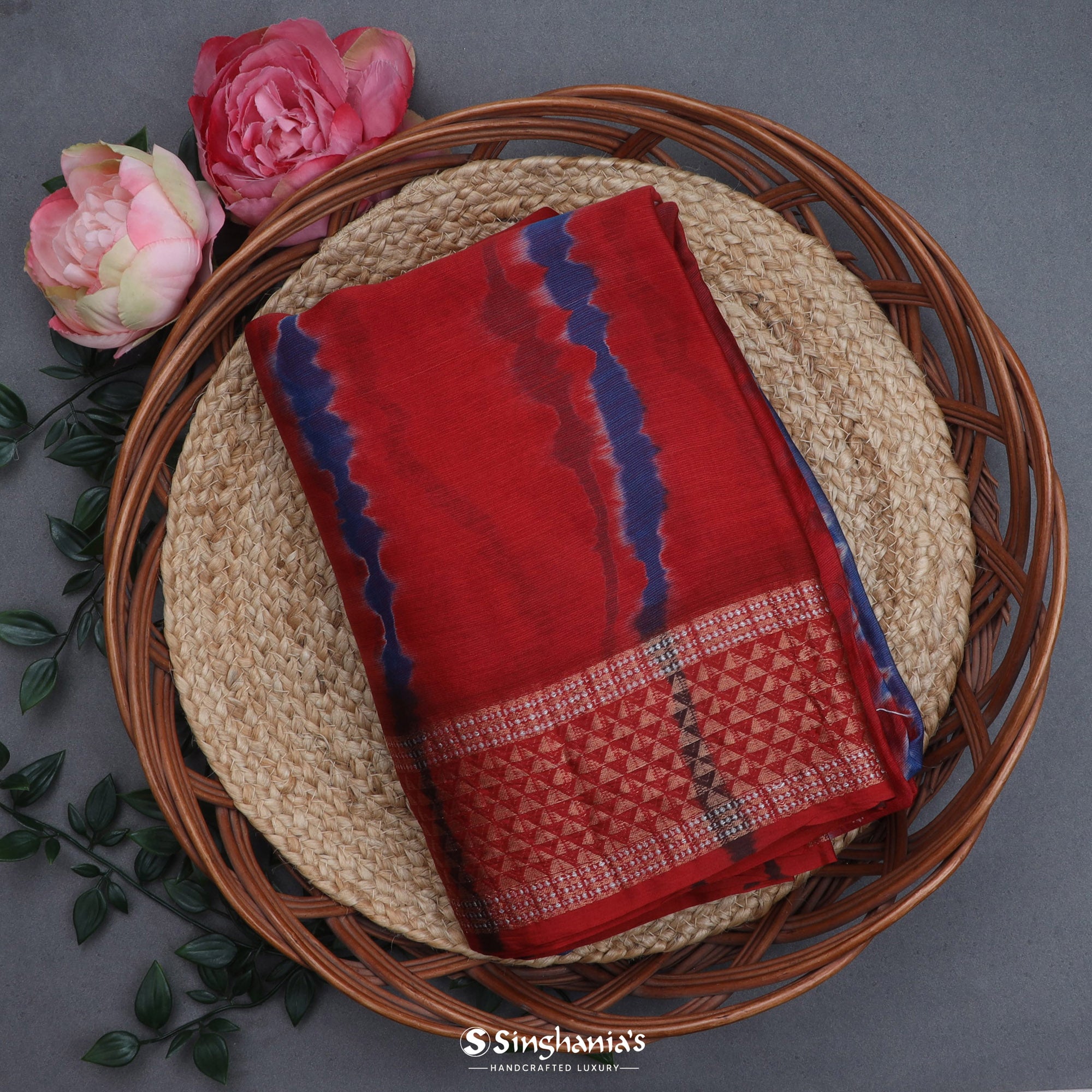 Bright Red Printed Maheshwari Silk Saree