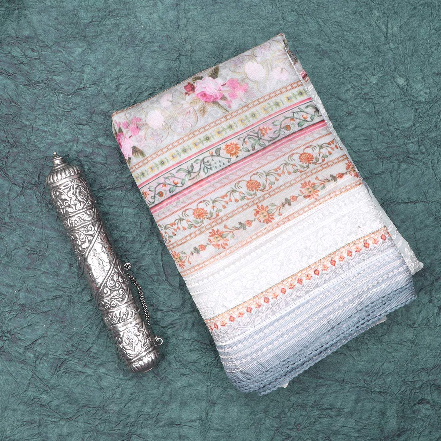 Soft Pastel Blue Printed Organza Saree With Floral Embroidery - Singhania's