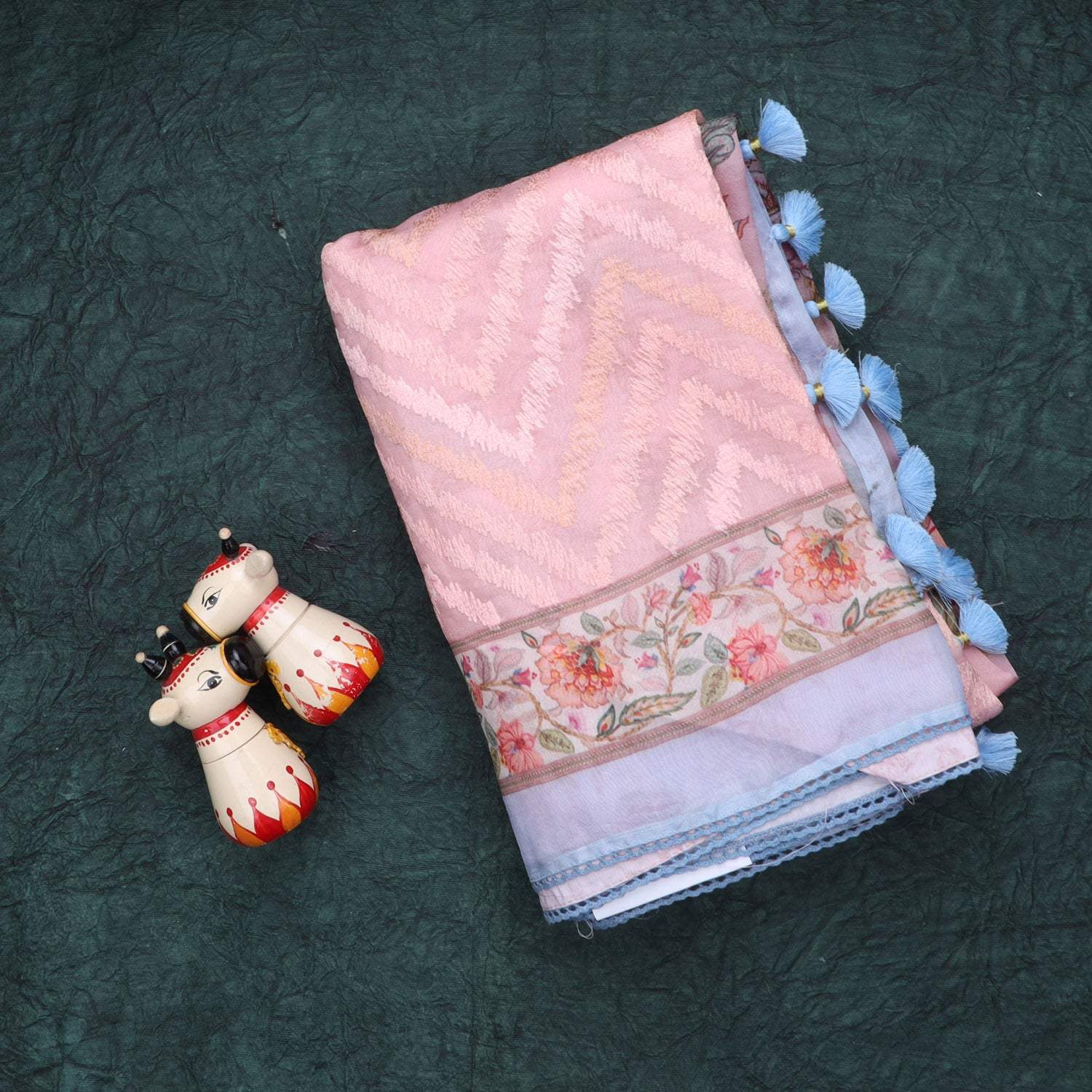 Pastel Pink Printed Organza Saree With Chevron Pattern Embroidery - Singhania's