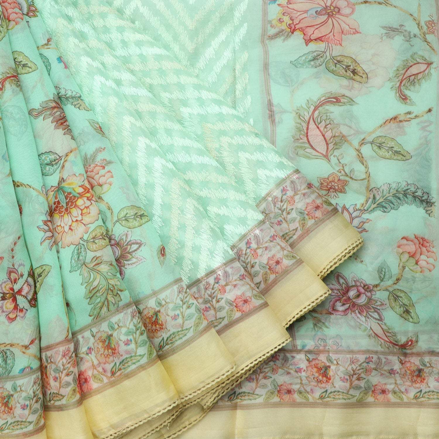 Seafoam Blue Printed Organza Saree With Chevron Pattern Embroidery - Singhania's