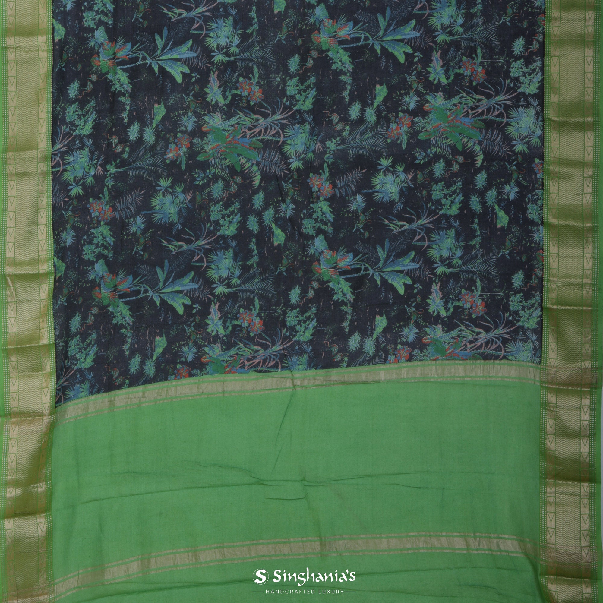 Black Printed Cotton Eri Saree With Floral Jaal Design