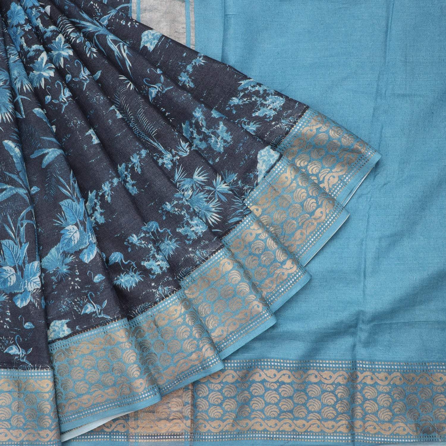 Black Cotton Saree With Floral Printed Motifs - Singhania's