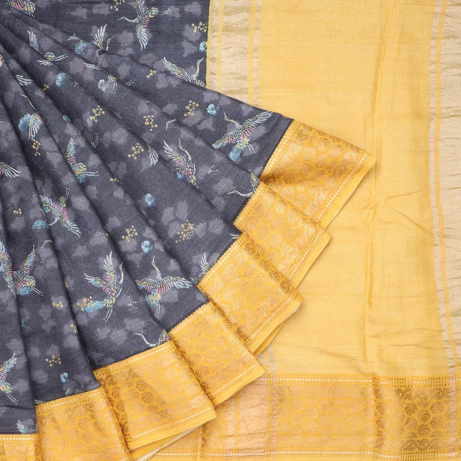 Charcoal Grey Cotton Saree With Bird Prints - Singhania's