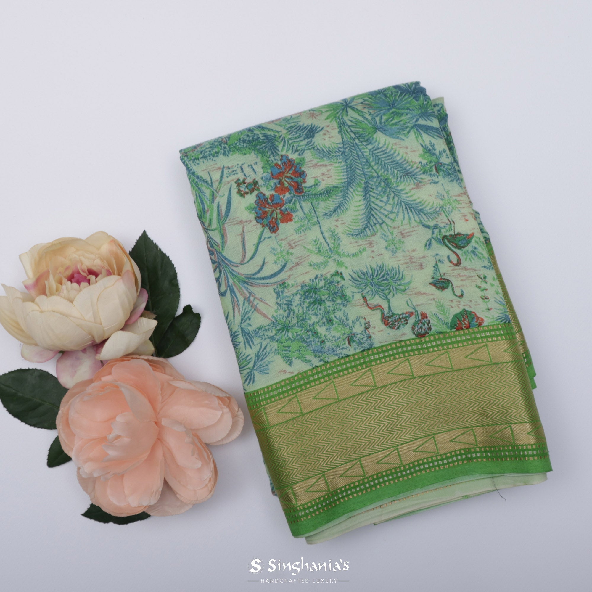 Mint Green Printed Cotton Eri Saree With Floral-Fauna Pattern