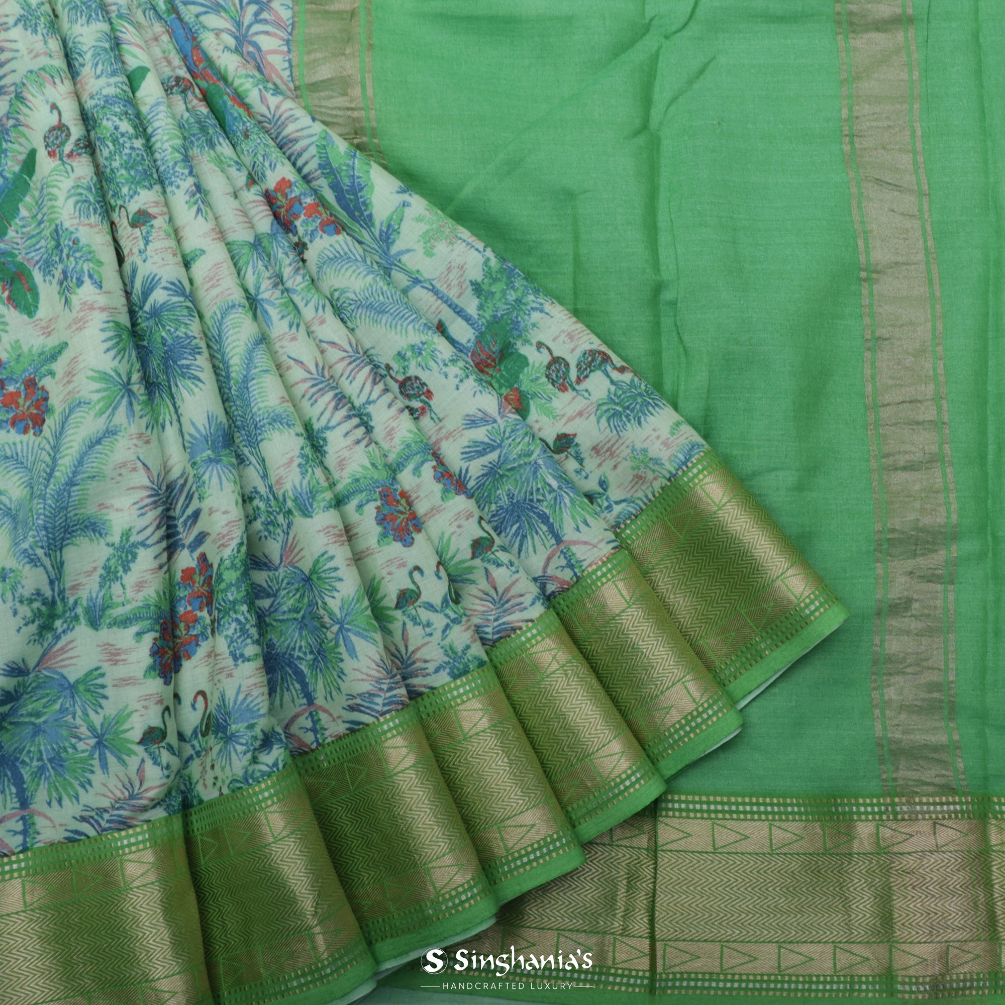 Mint Green Printed Cotton Eri Saree With Floral-Fauna Pattern