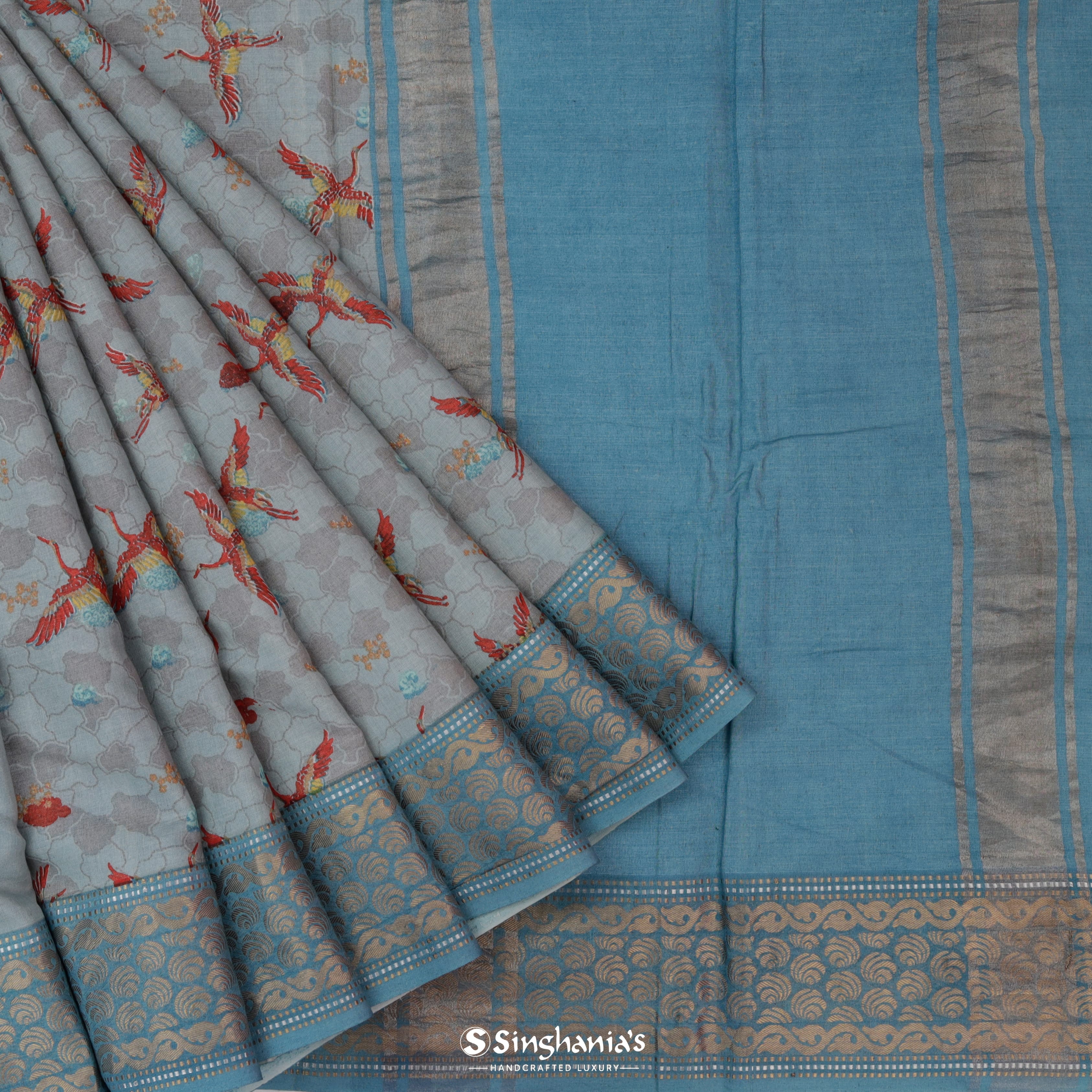 Ash Grey Cotton Printed Saree With Nature Inspired Birds Motifs