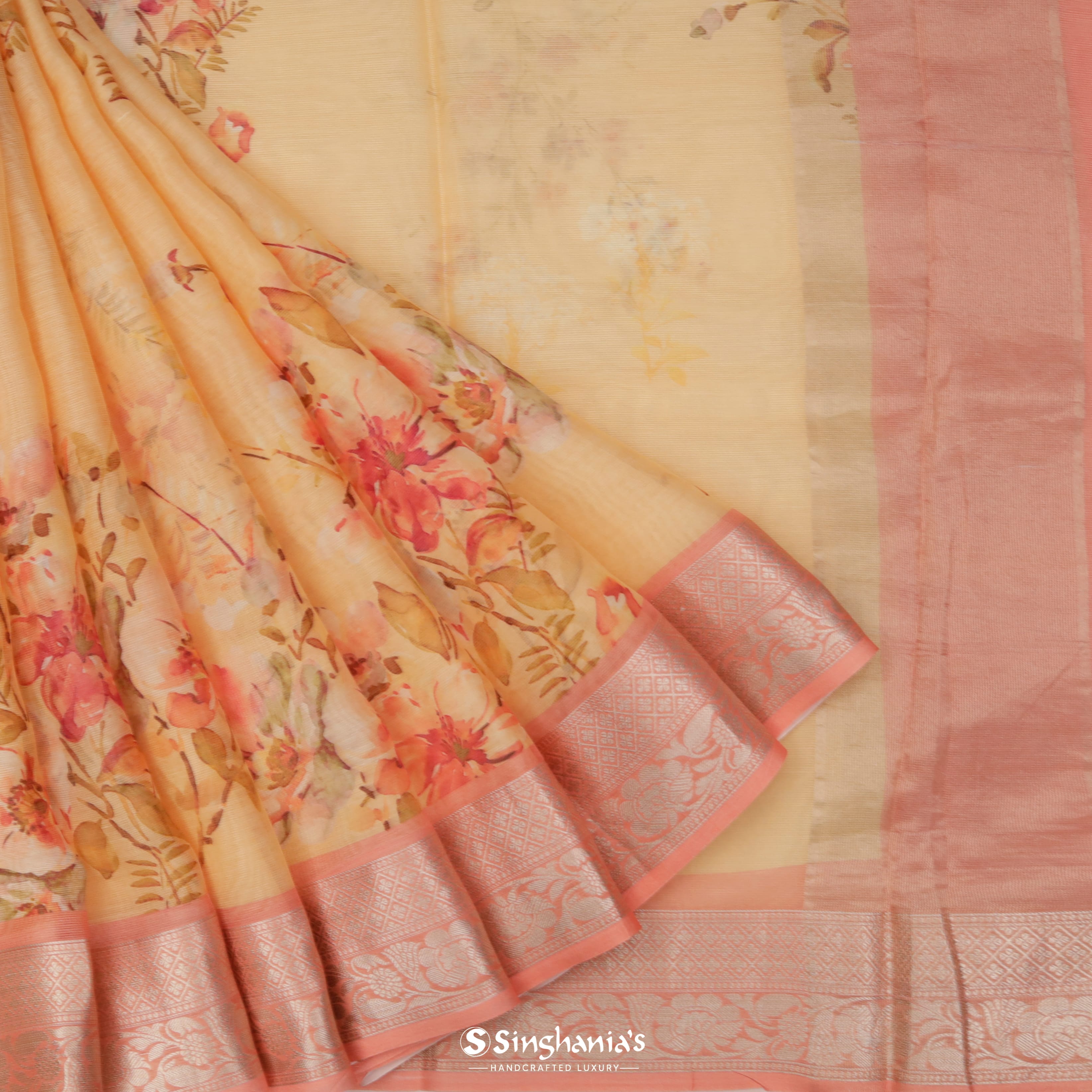 Peach Orange Maheshwari Printed Silk Saree With Floral Pattern