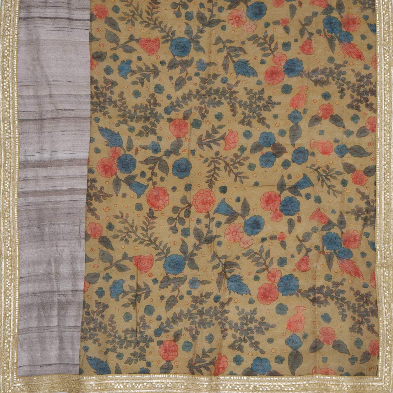 Mustard Yellow Printed Matka Kalamkari Silk Saree With Sequin Embroidery - Singhania's