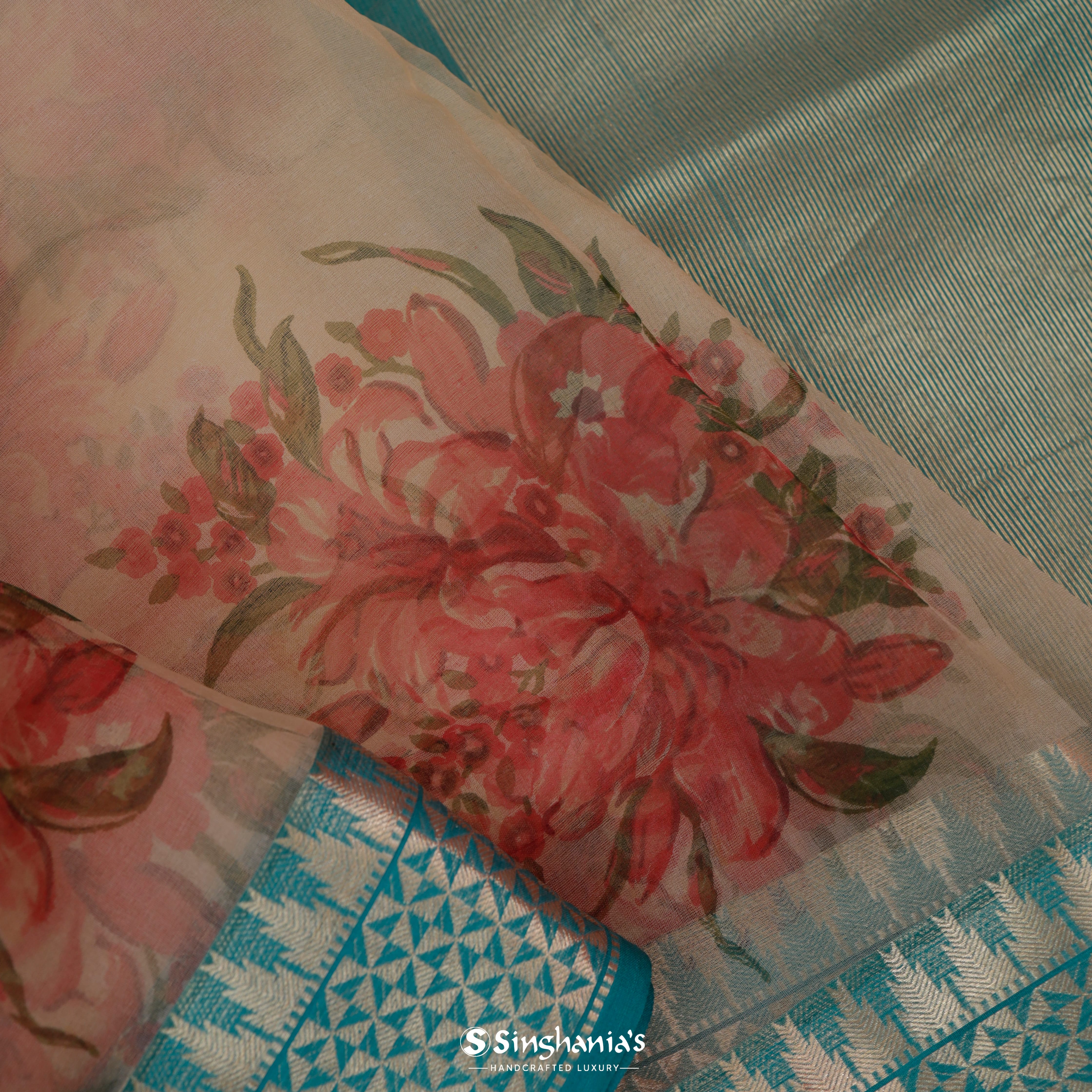 Pale Peach Organza Printed Saree With Floral Buttas